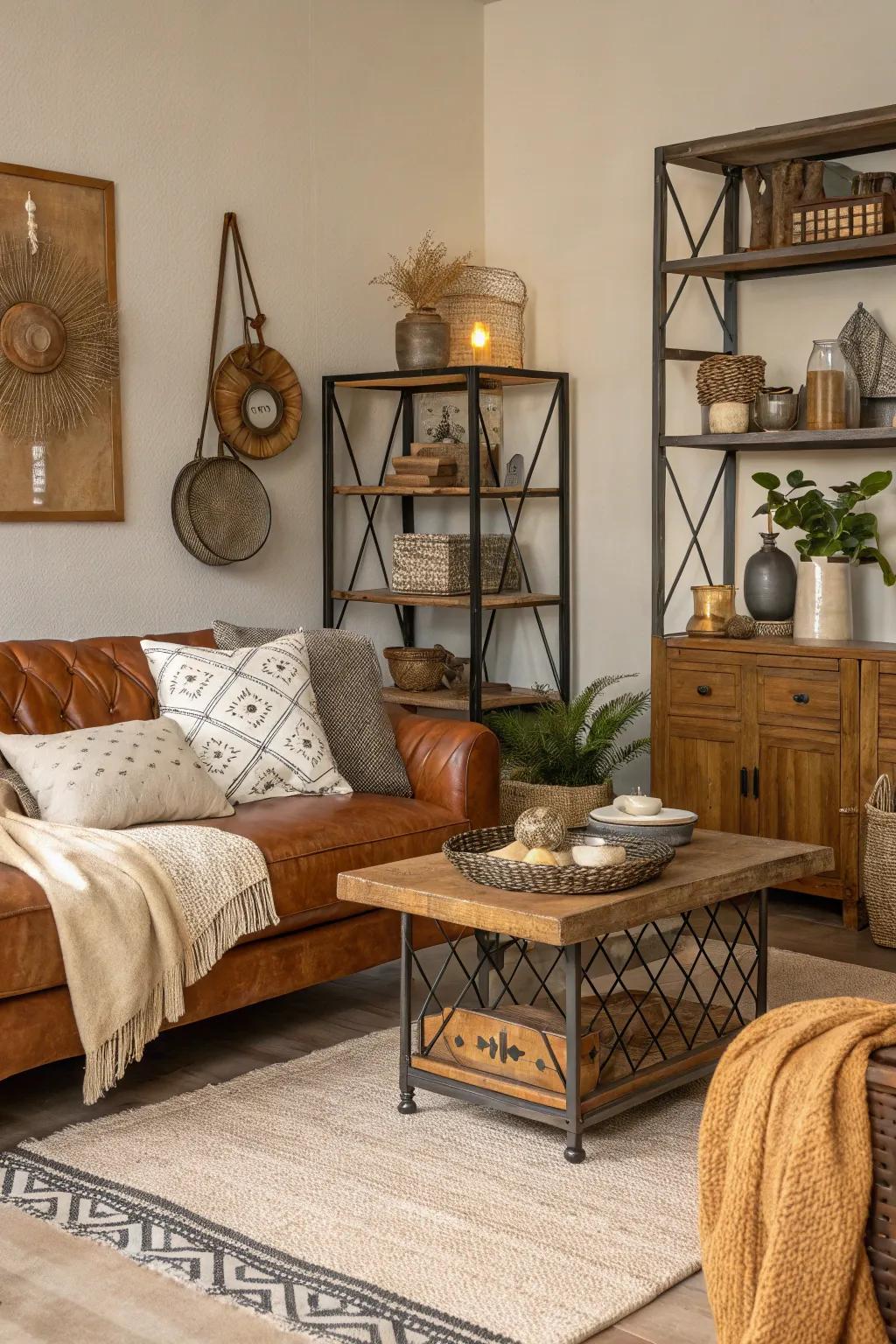 A mix of textures adds depth and intrigue to the farmhouse living room.