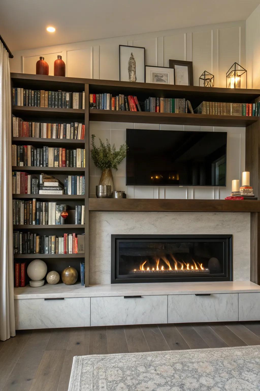 A modern fireplace with built-in shelves, combining practicality with style.