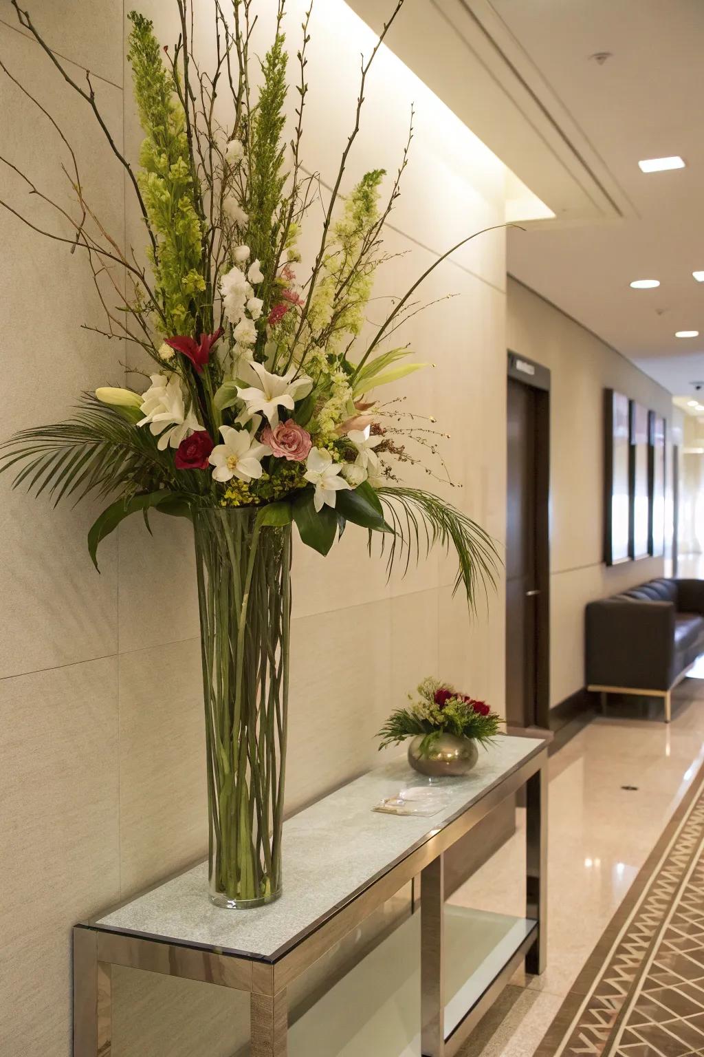 A vertical flower arrangement adding height and drama.