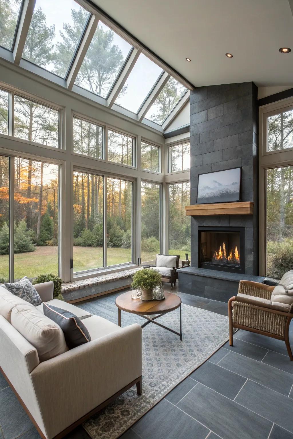 A stylish fireplace adds warmth and ambiance to this sunroom.