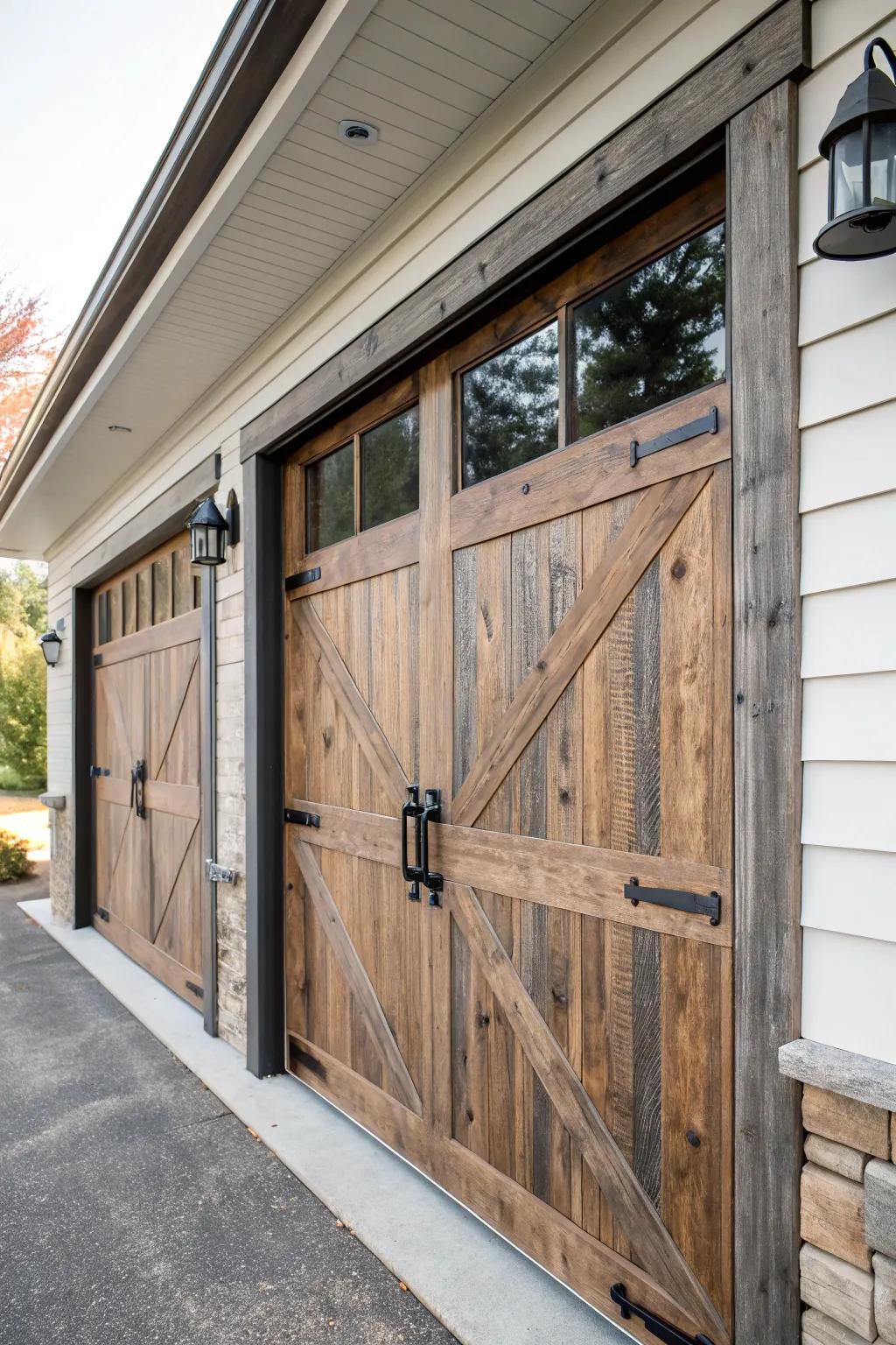 Rustic elements meet modern design in this garage door.