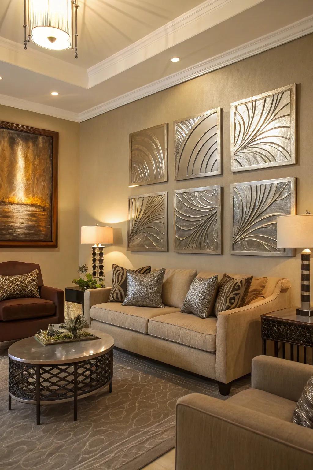 Metallic artwork elevates the sophistication of this living space.