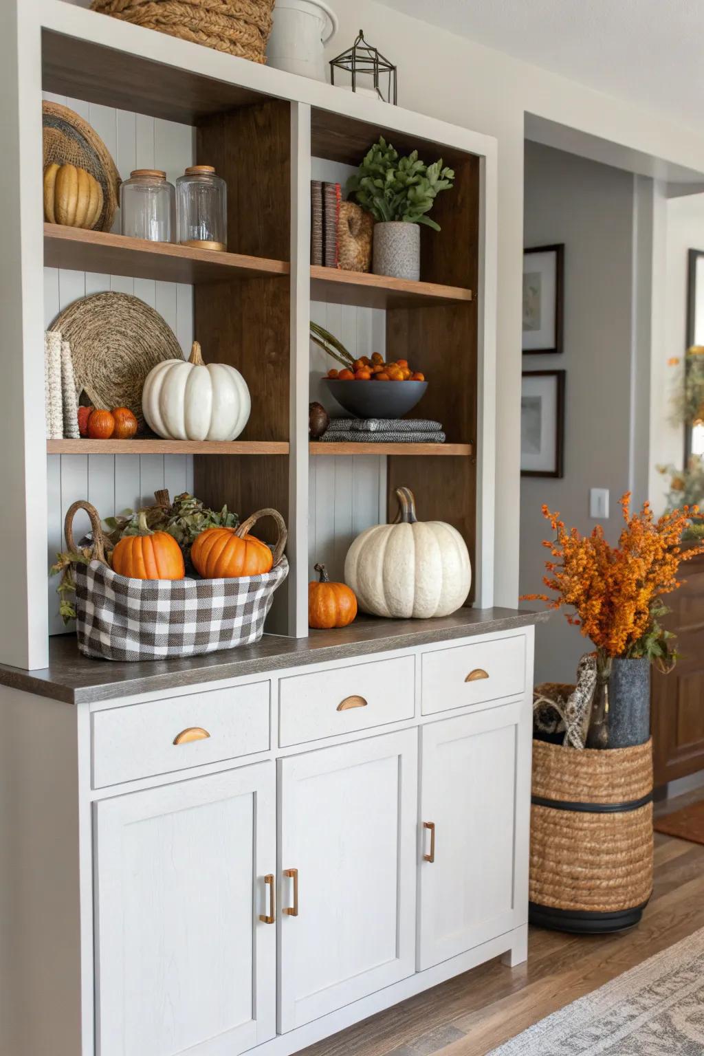 Seasonal decor keeps the hutch fresh and in tune with the time of year.