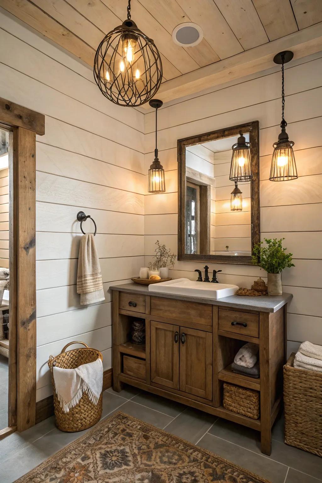 Pendant lighting enhancing the rustic charm with a warm glow.