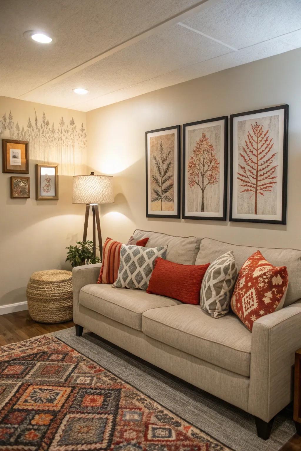 An accent wall and striking artwork in a small living room.