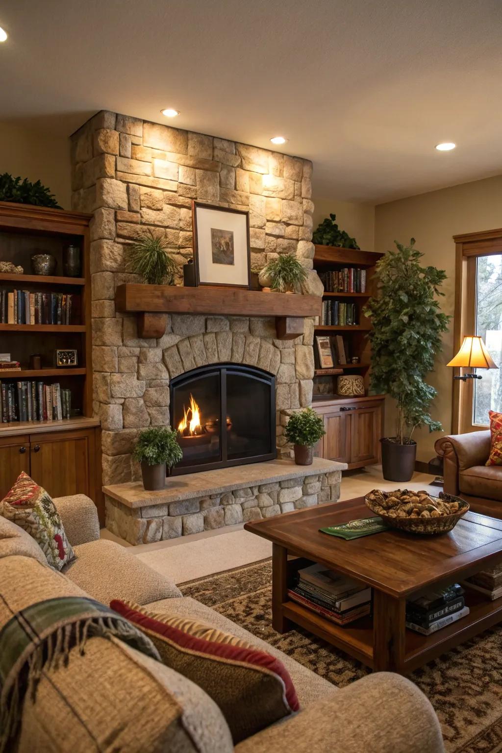 A fireplace acts as a warm and inviting centerpiece.