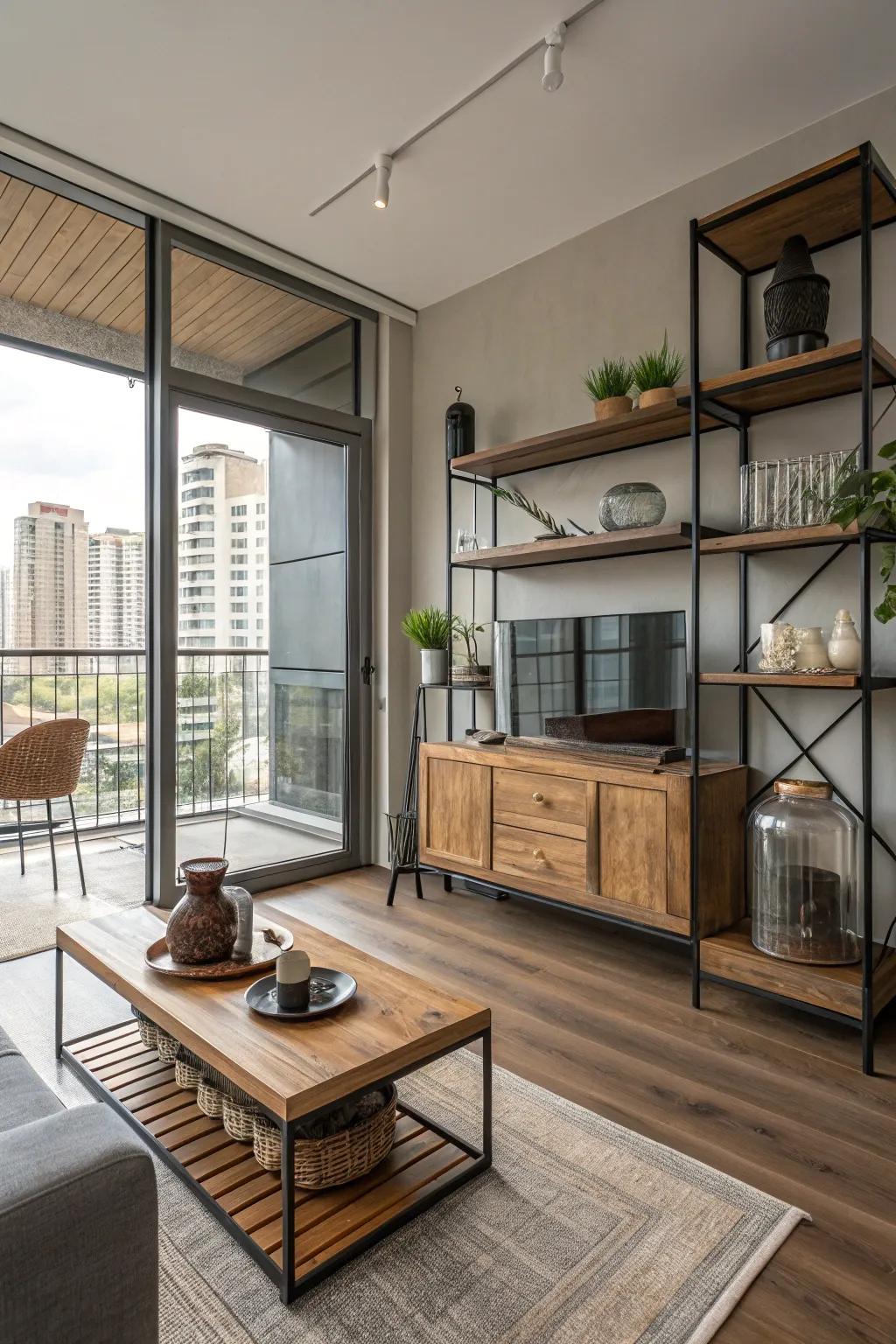 A studio apartment featuring a mix of wood, metal, and glass for a contemporary look.