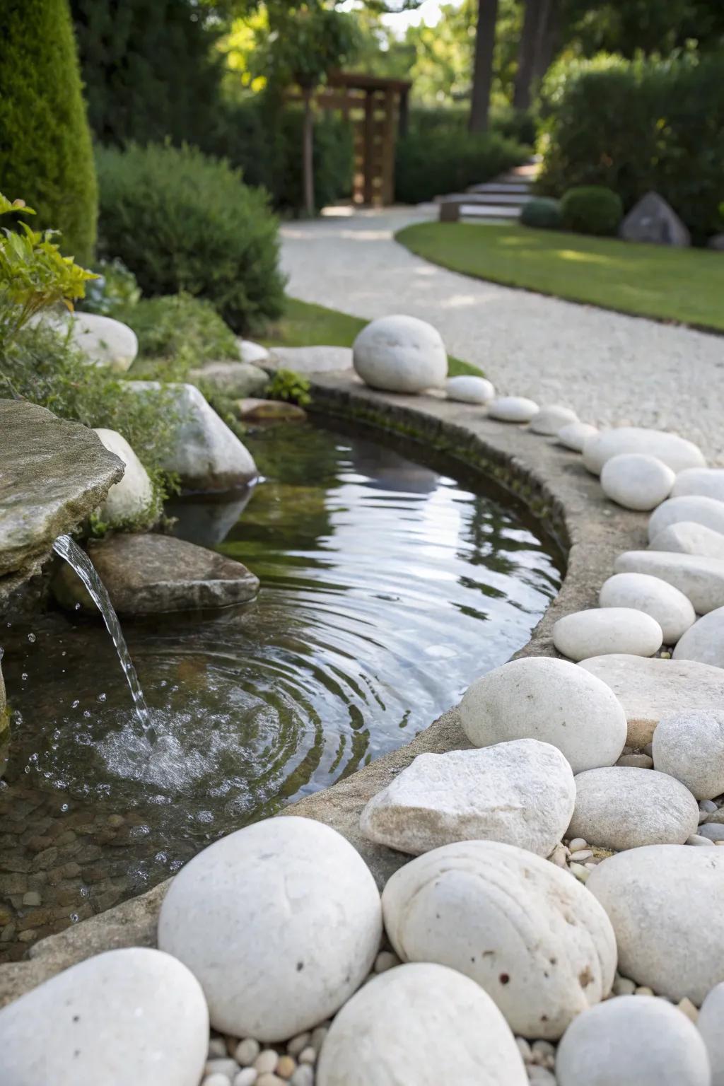 A tranquil water feature surrounded by white rocks, creating a serene garden nook.