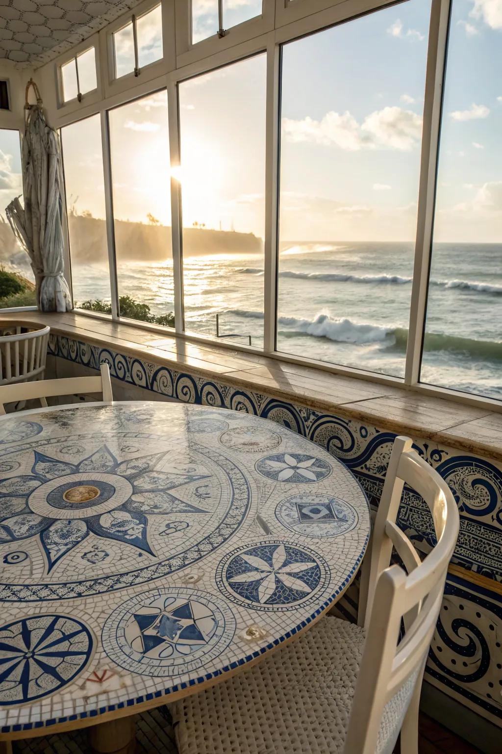 Nautical mosaic designs evoke the tranquil beauty of the sea.