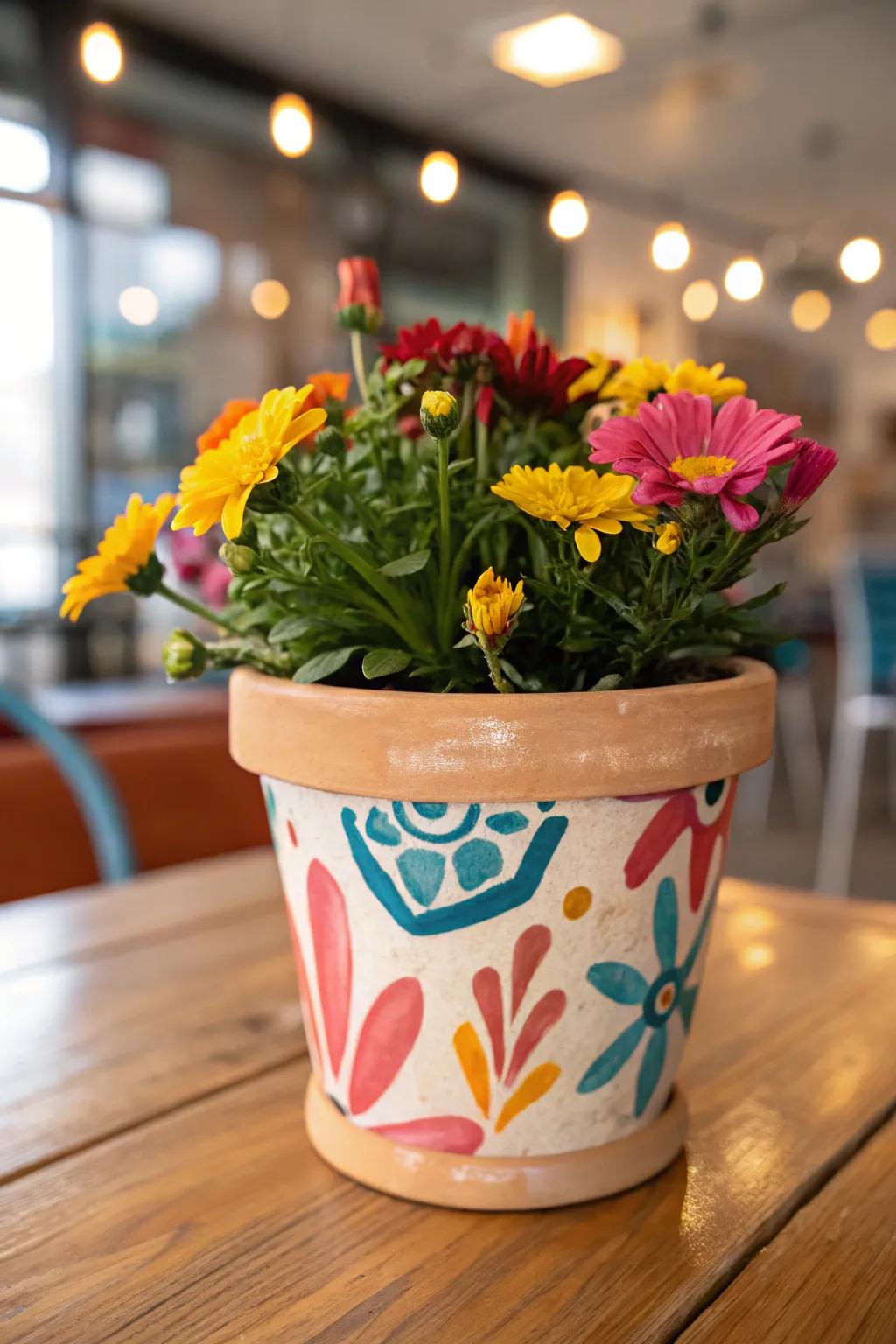 A vividly painted terra cotta pot that adds color to any space.