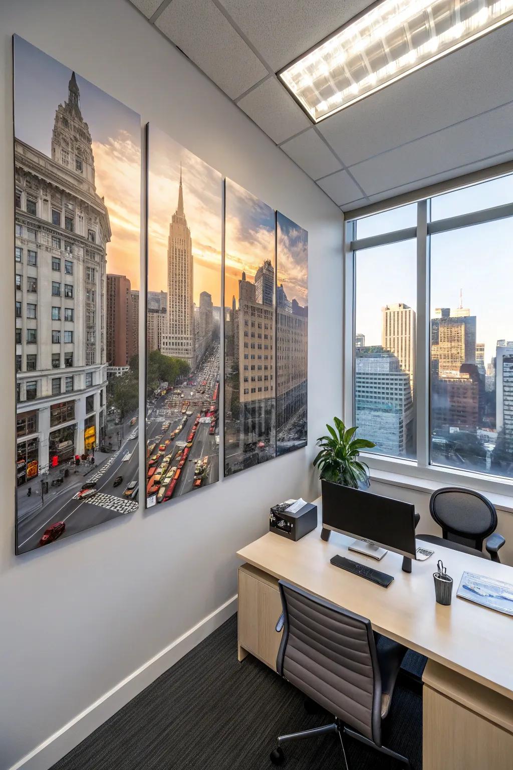 An inspiring cityscape painting spanning multiple canvases, fueling creativity in the office.