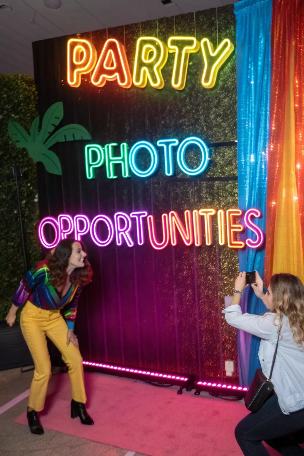 A neon-colored backdrop with vibrant phrases, perfect for capturing memorable party photos.