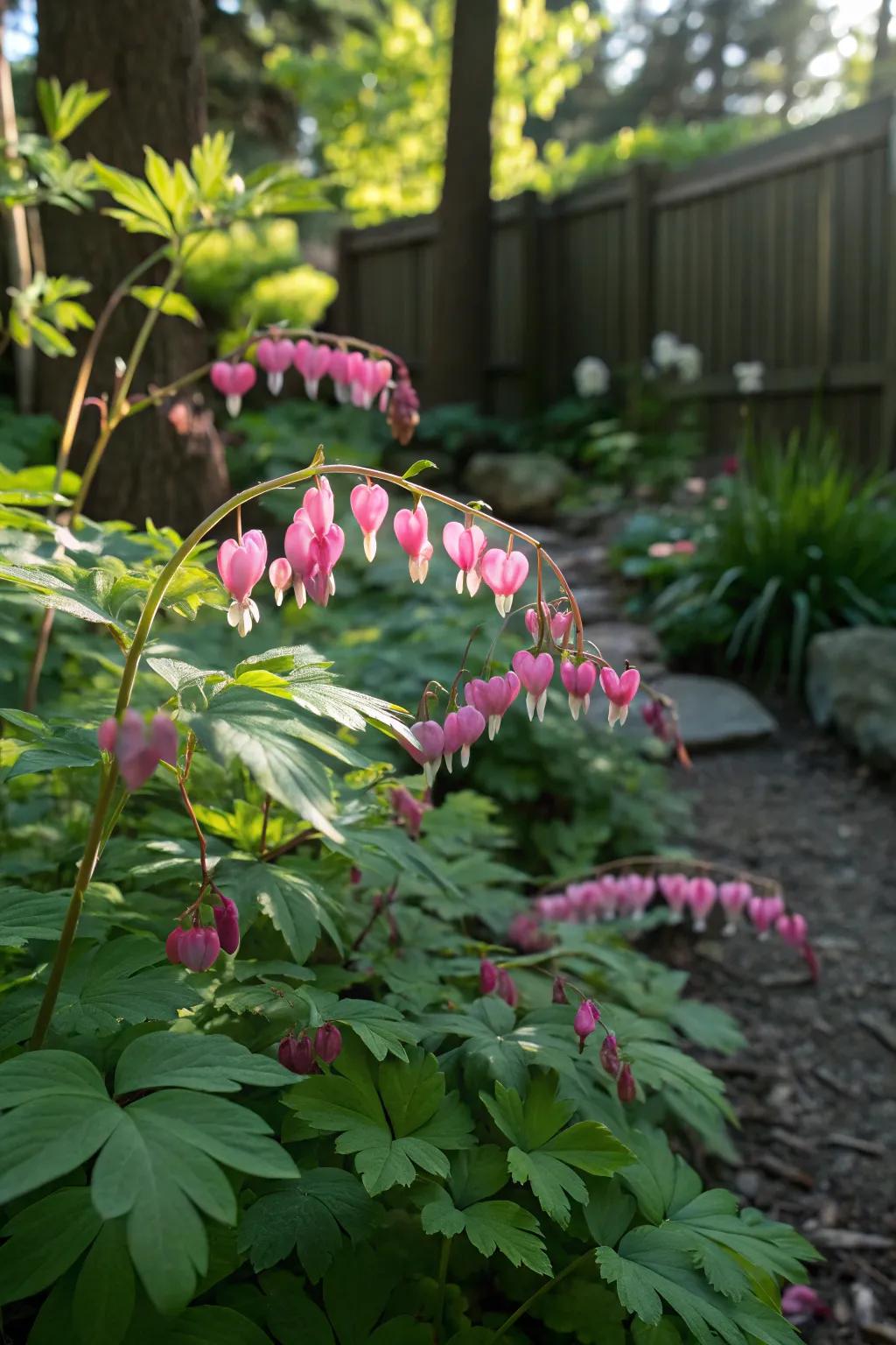 Bleeding heart adding a romantic touch with its delicate flowers.