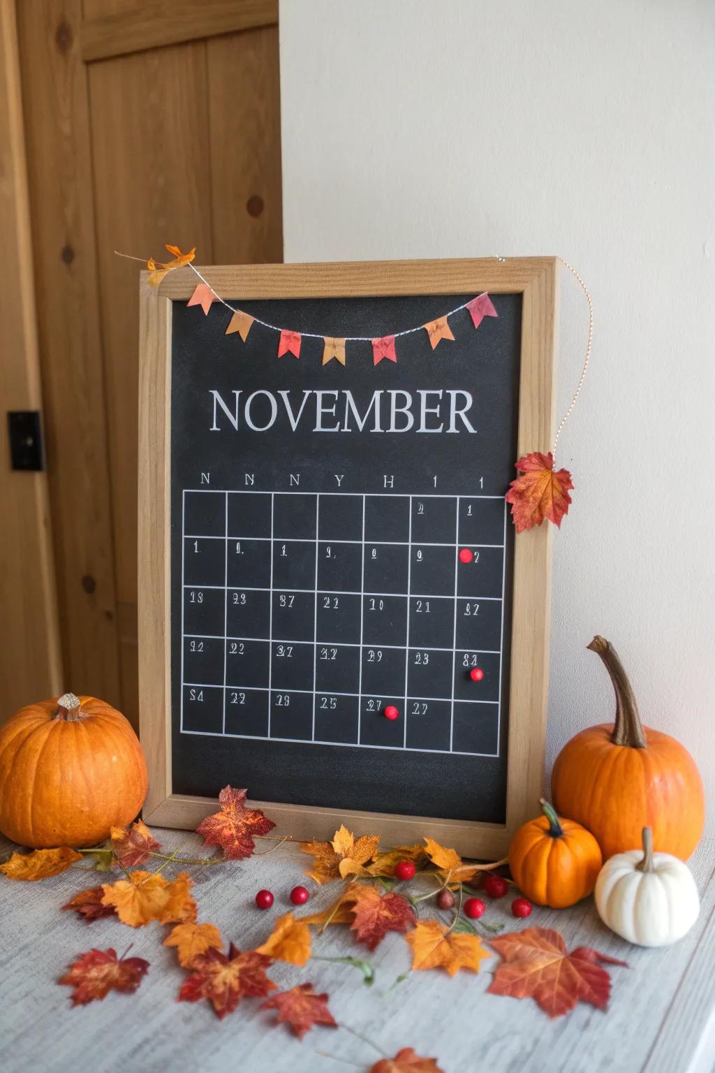 A decorative and functional November calendar chalkboard.