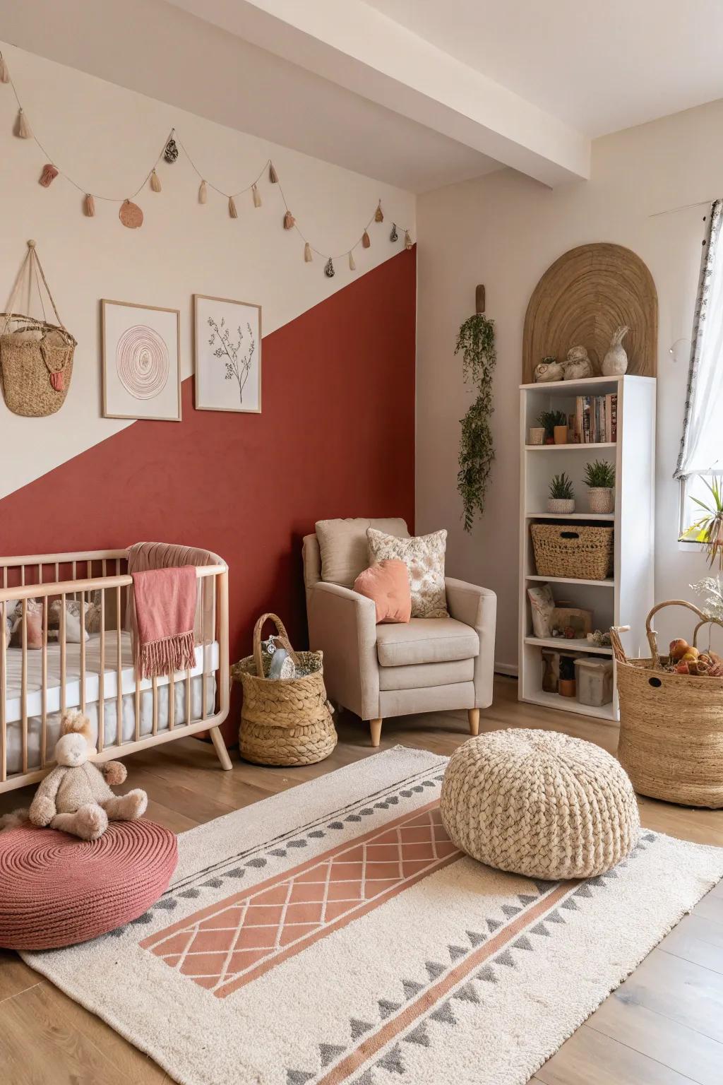 A nursery with earthy red accents for added warmth.