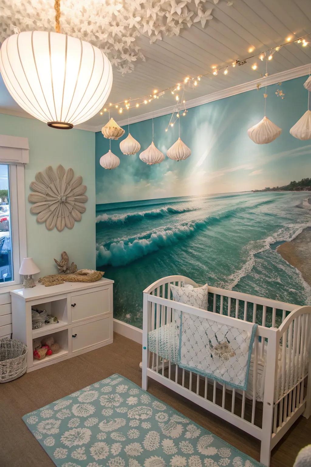 An ocean-inspired nursery with calming hues and sea-themed decor.