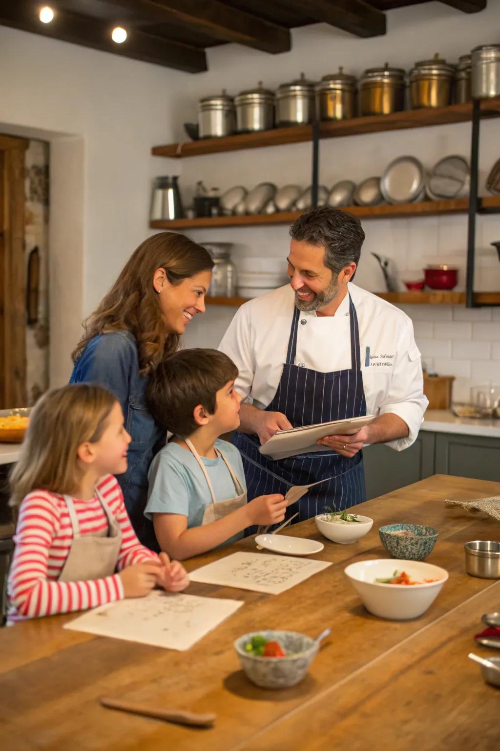 A family learning and laughing together in a cooking class.