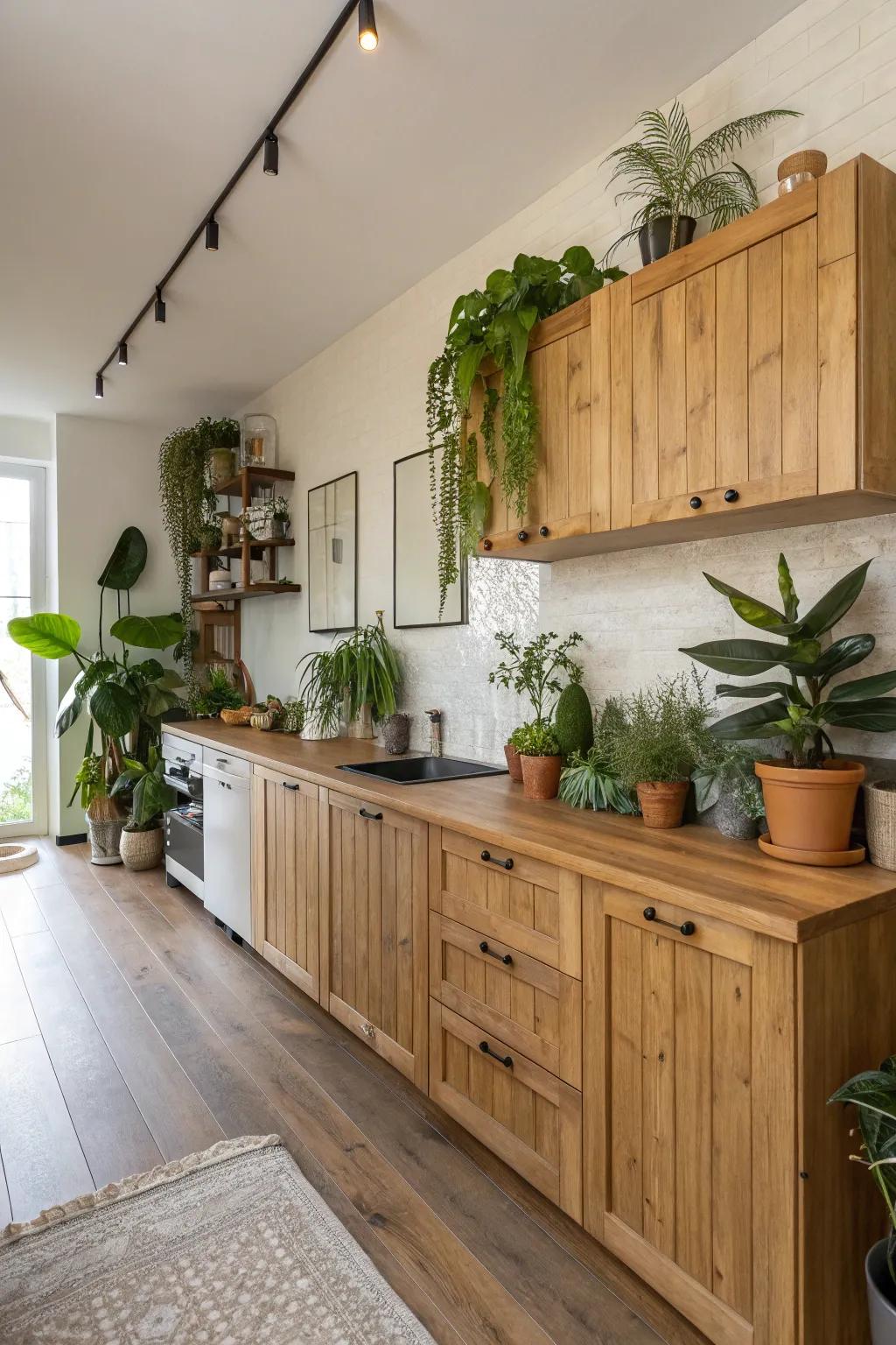 Natural elements like wood and plants in a one-wall kitchen add warmth.