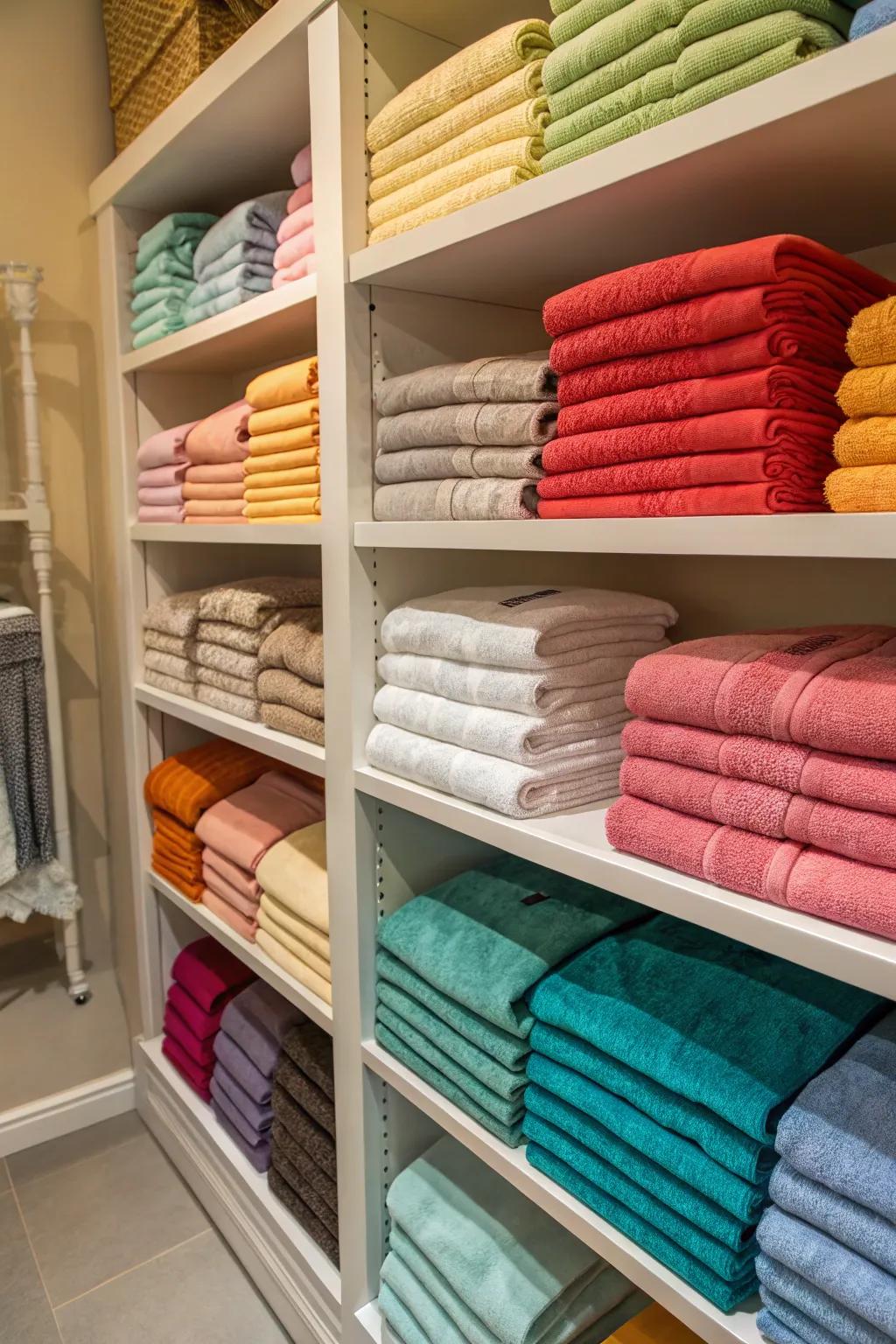 Color-coordinated linens create a refined closet display