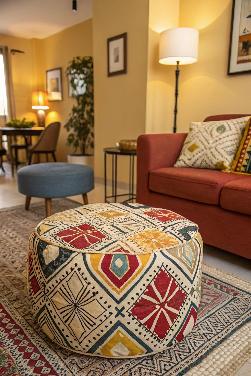 A patterned ottoman adds a playful touch to any living space.