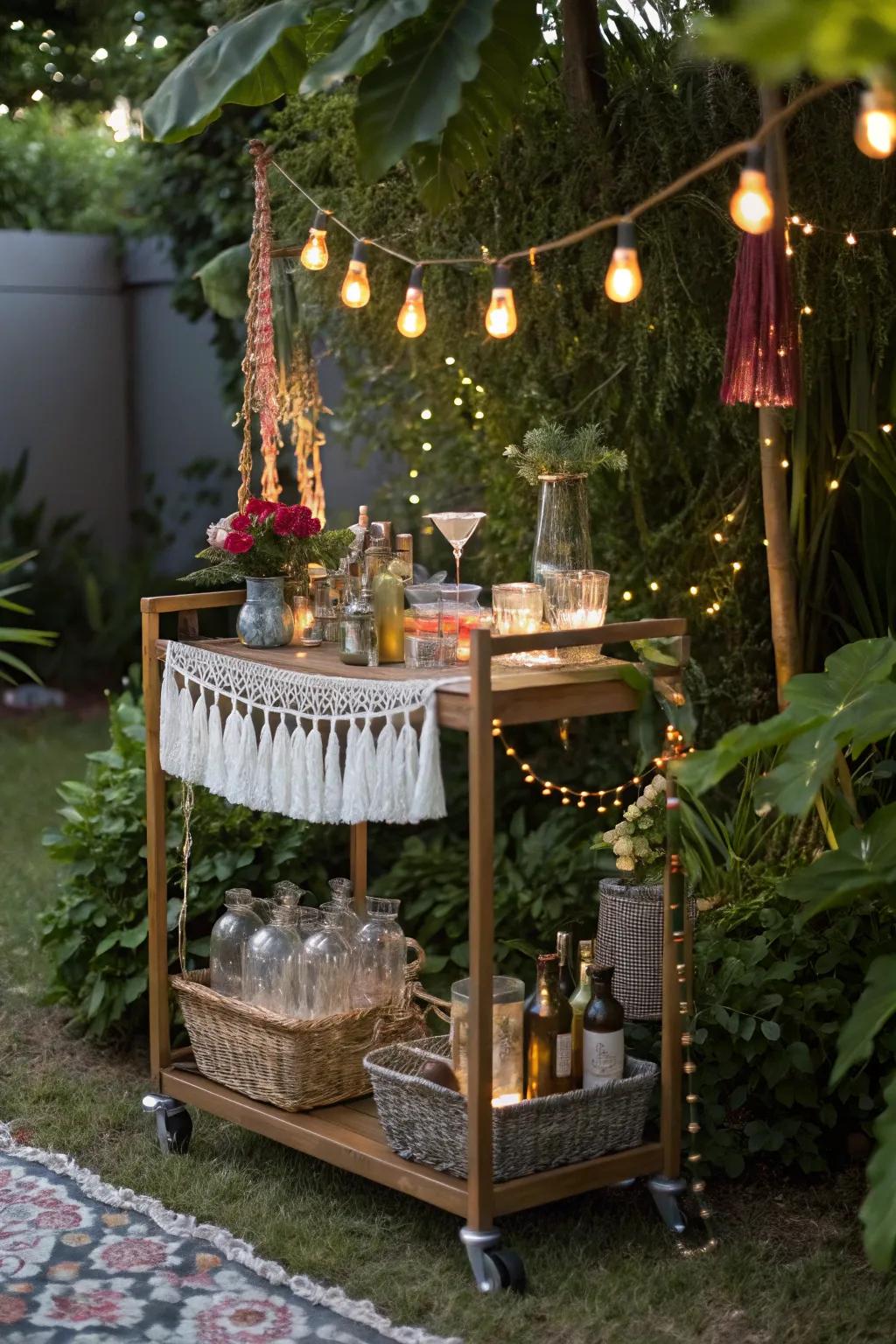 A boho bar cart brings eclectic charm to your outdoor space.