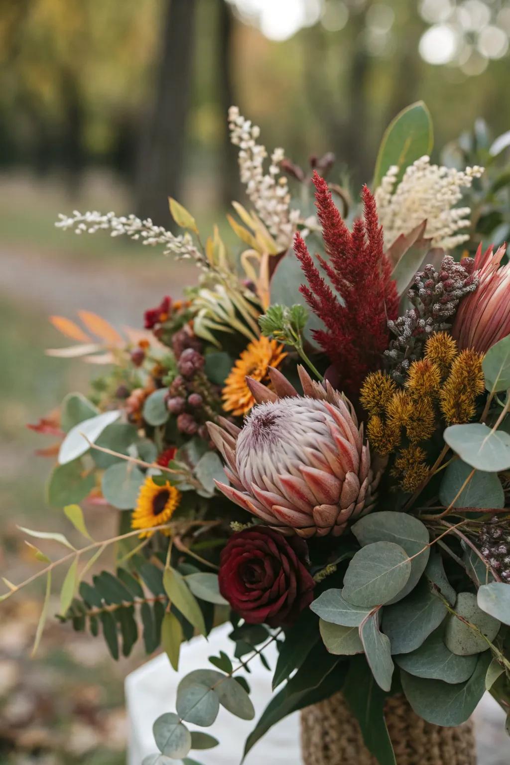 A textured flower arrangement featuring diverse foliage.