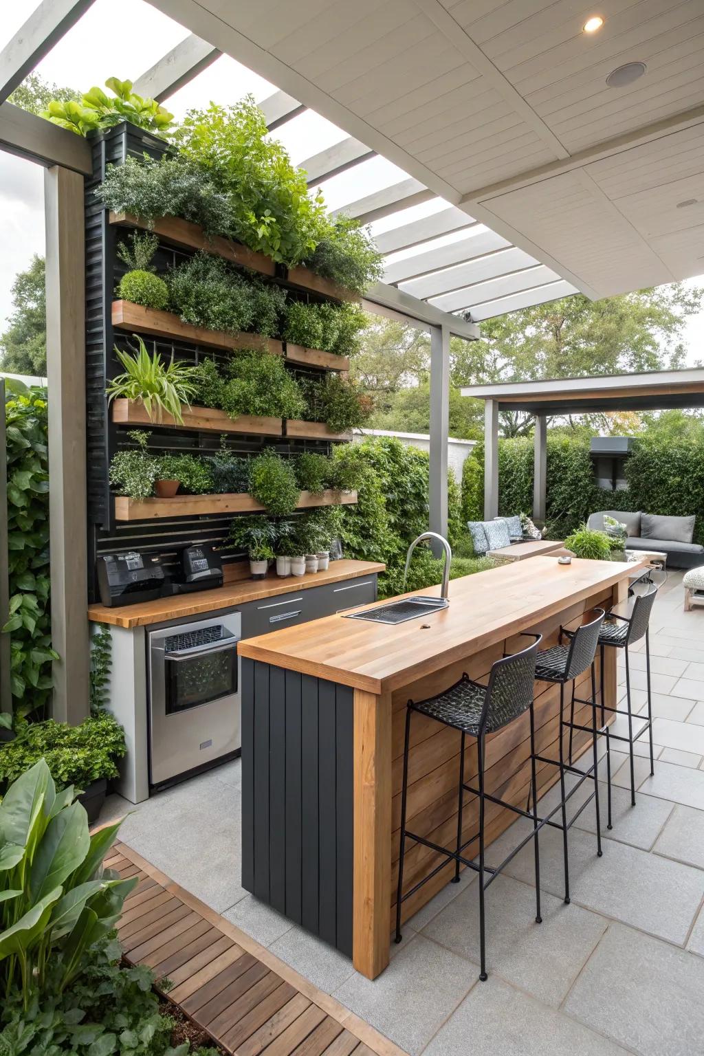 Greenery brings life and vibrancy to your outdoor kitchen bar.