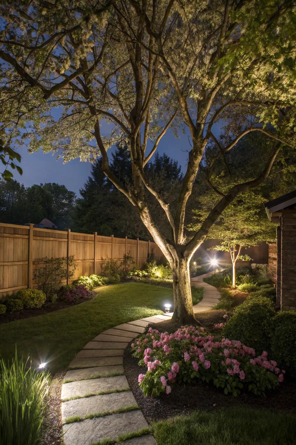 Spotlights highlight the stunning features of your garden.