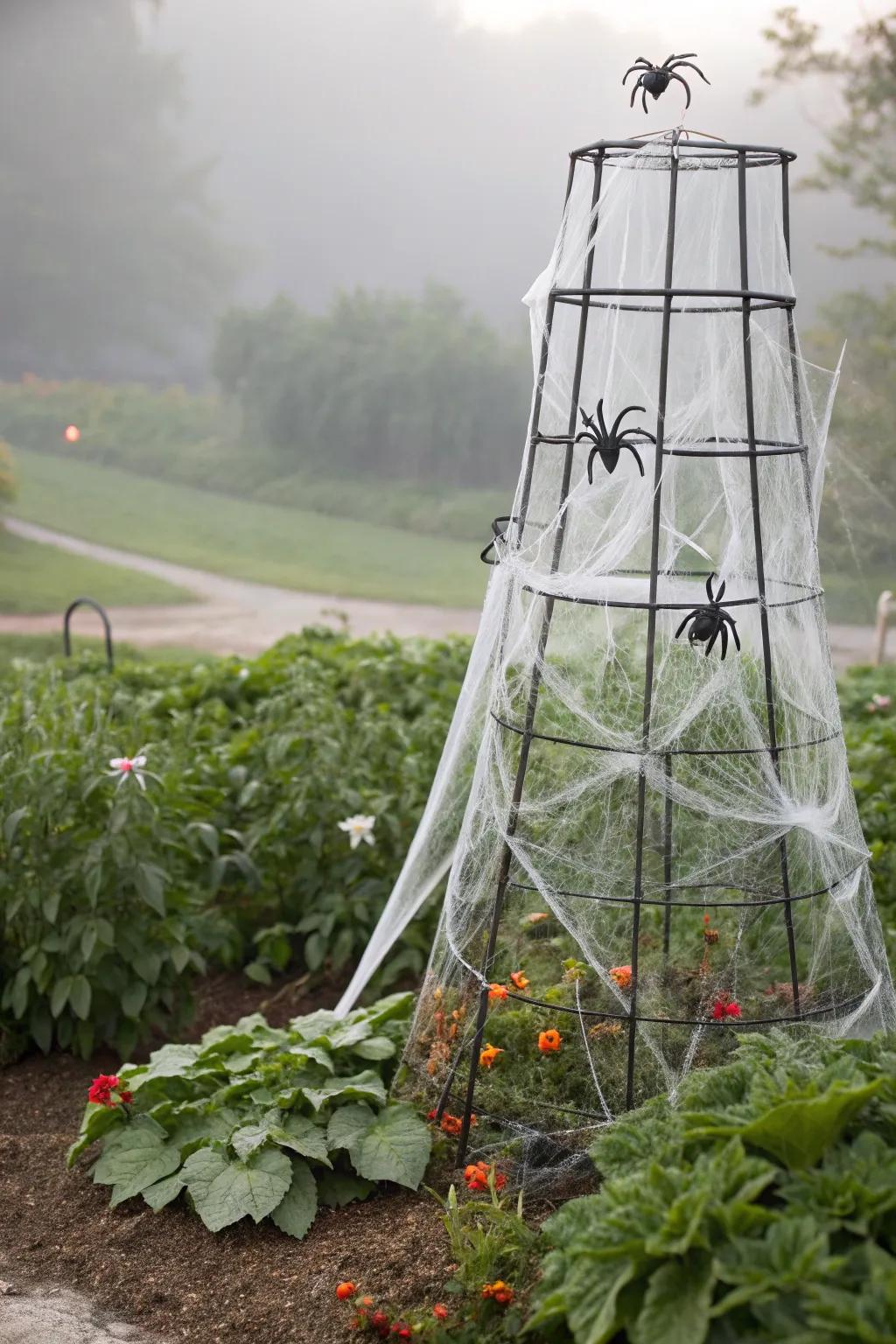 Enter the spider's lair with this webbed tomato cage decoration.