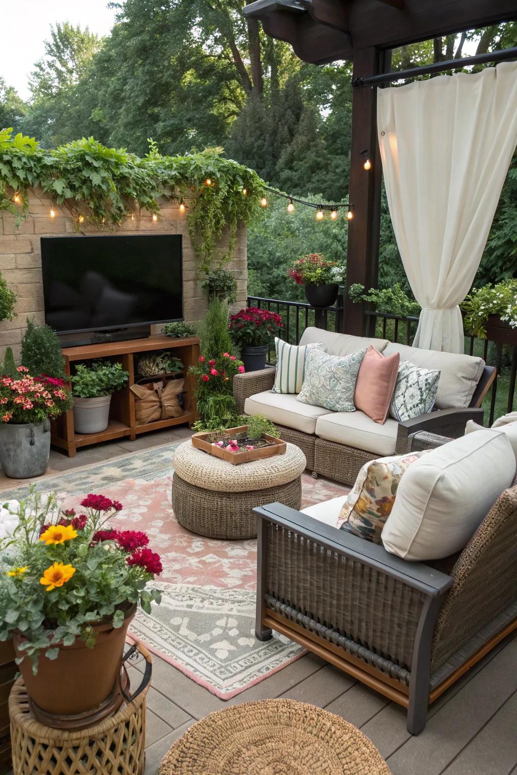 Decorative elements add personality and comfort to your outdoor TV setup.