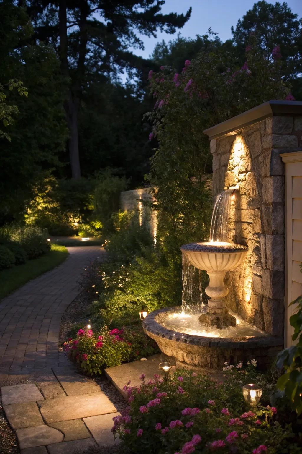 Integrated lighting adds a magical touch to wall fountains at night.