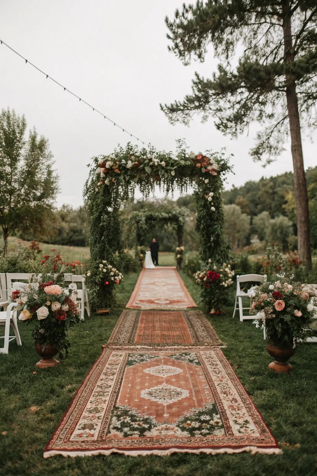 Vintage rugs create a cozy and colorful aisle.