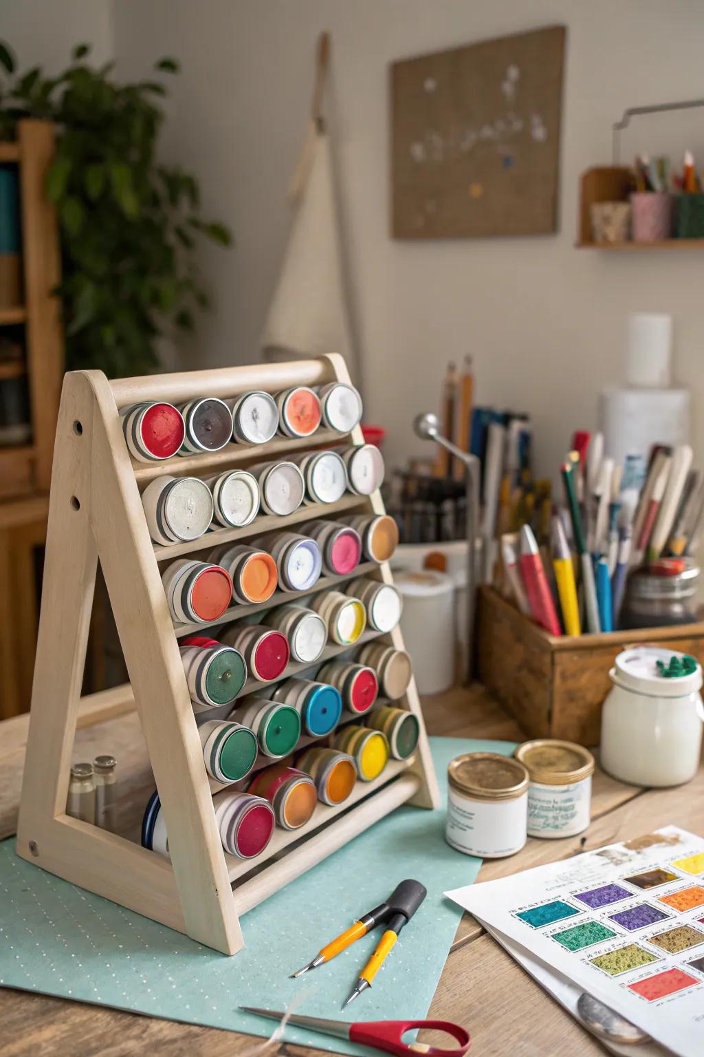 A spice rack repurposed as a paint can holder in a home studio.