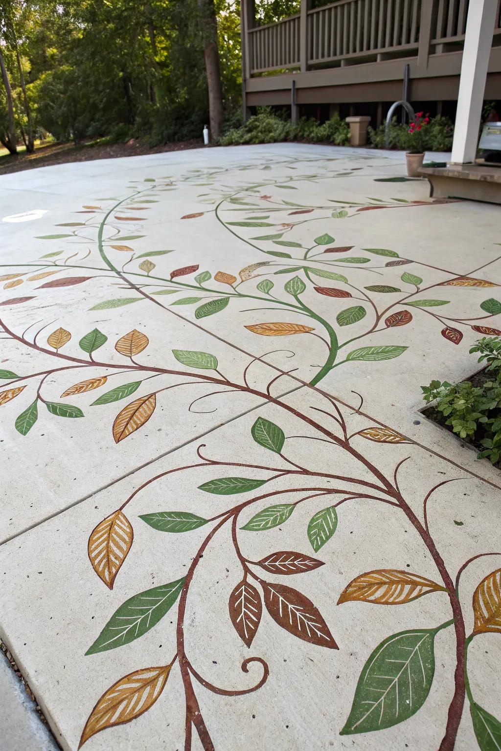 A patio with leaf patterns that harmonize with the surrounding greenery.