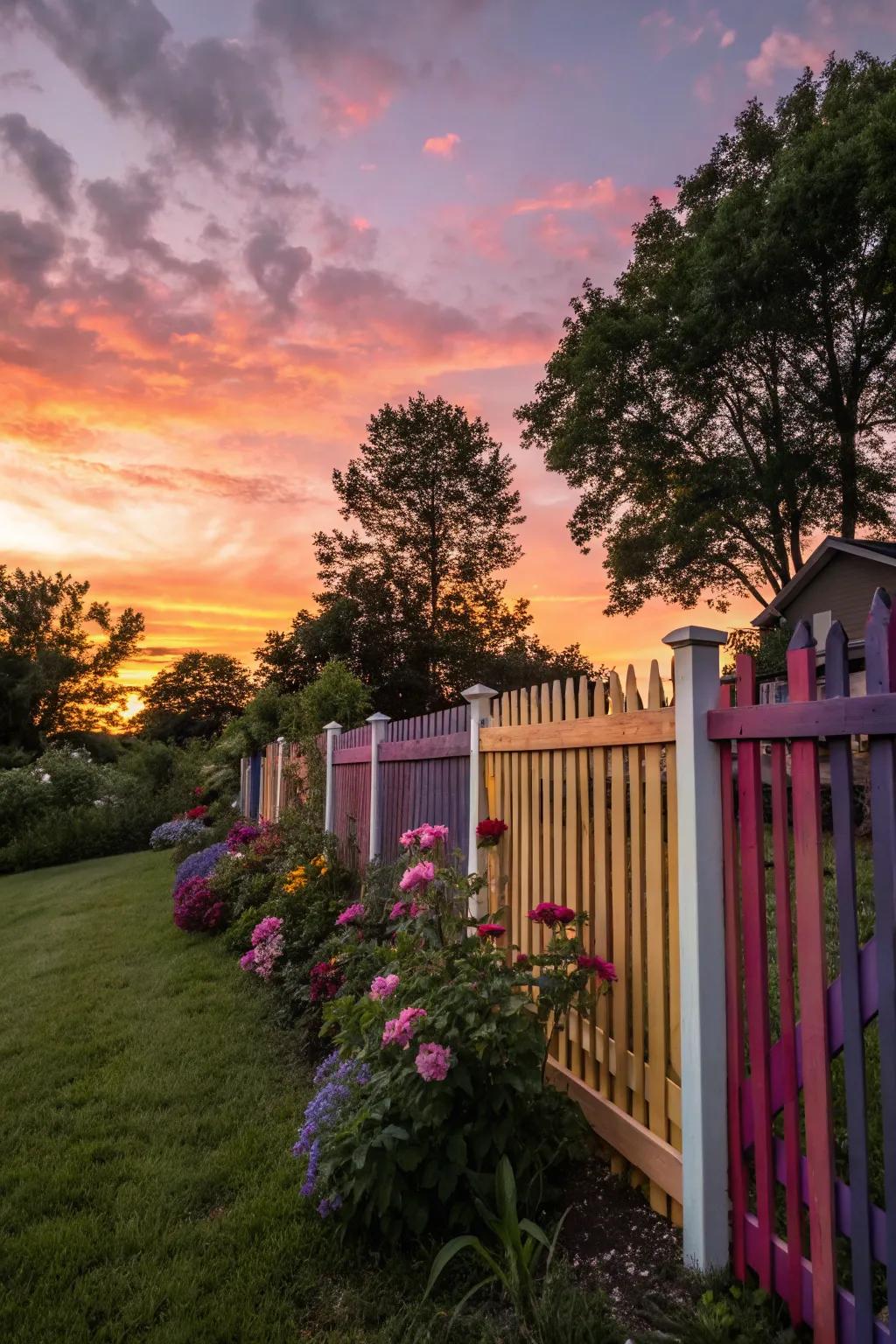 A picket fence glowing with sunset-inspired colors.