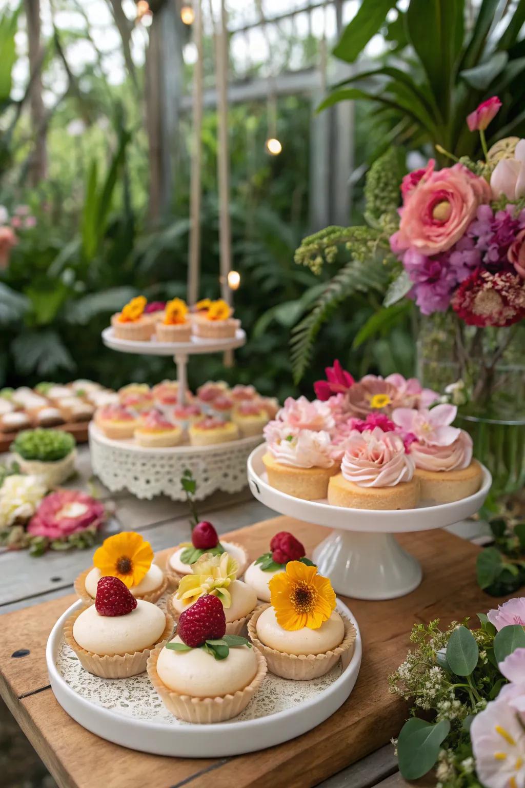 Edible flowers bringing elegance and color to the dessert display.