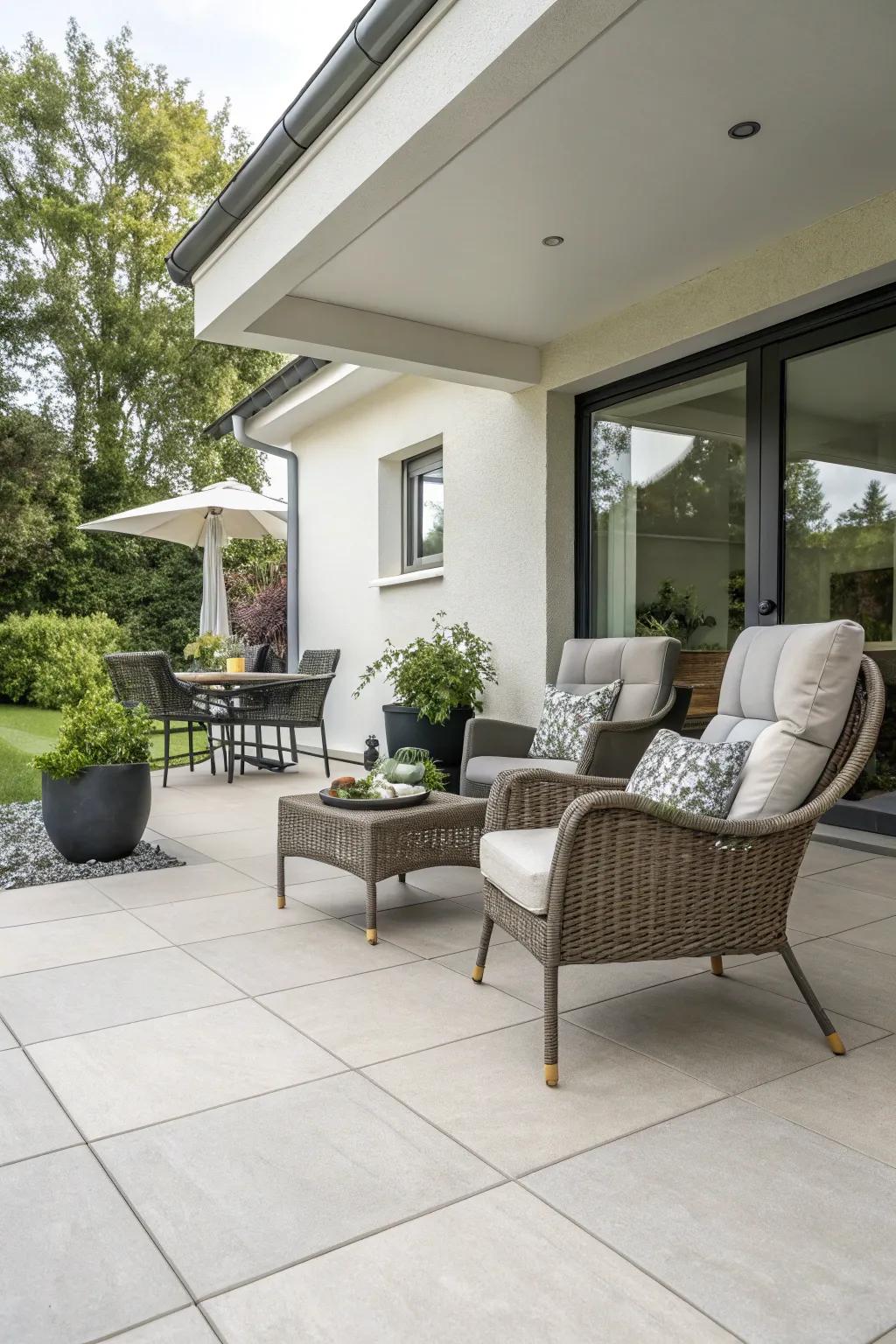 Opt for porcelain tiles for a sleek and durable patio.