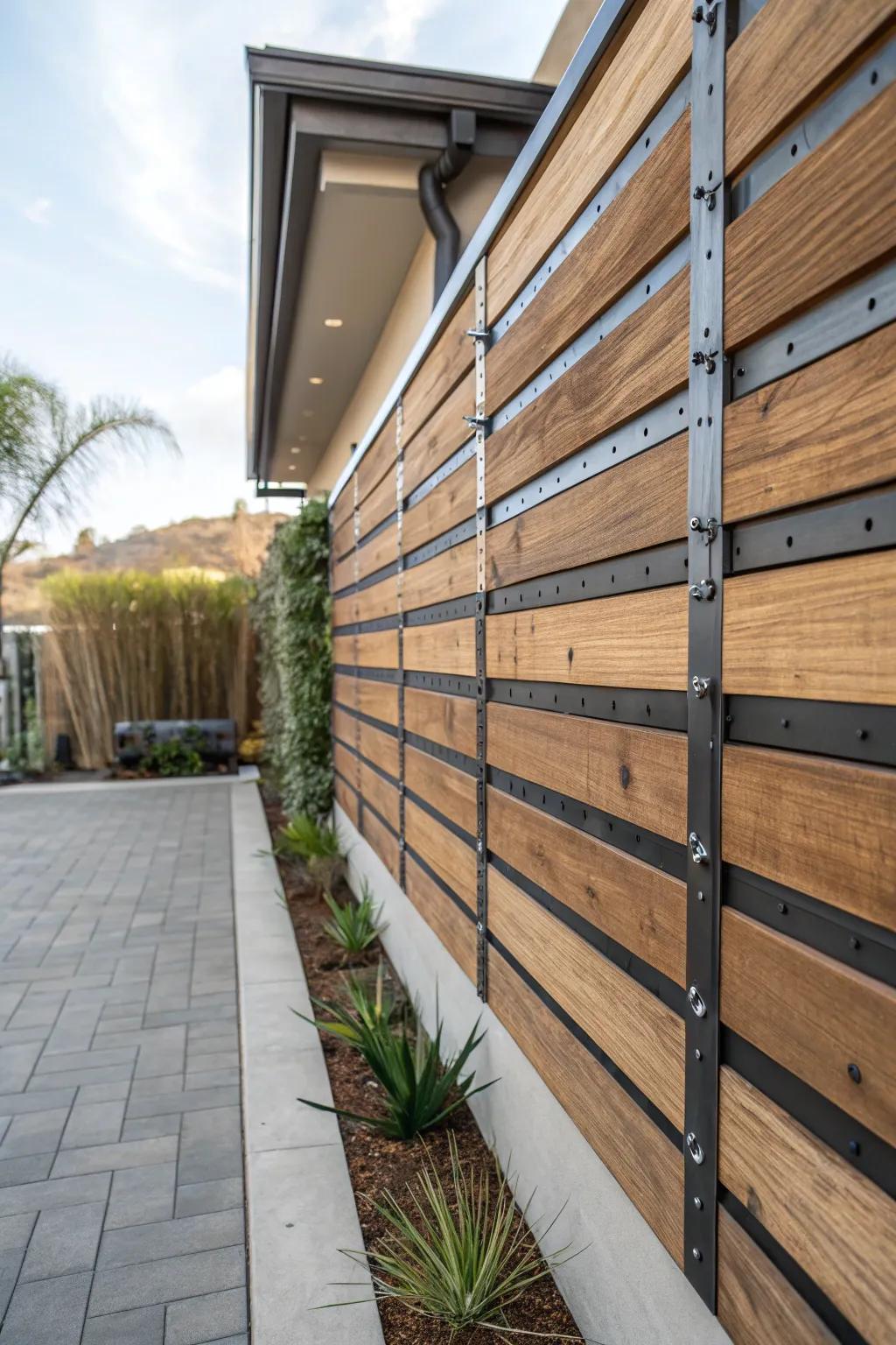 An industrial-style patio wall with wood and metal elements.