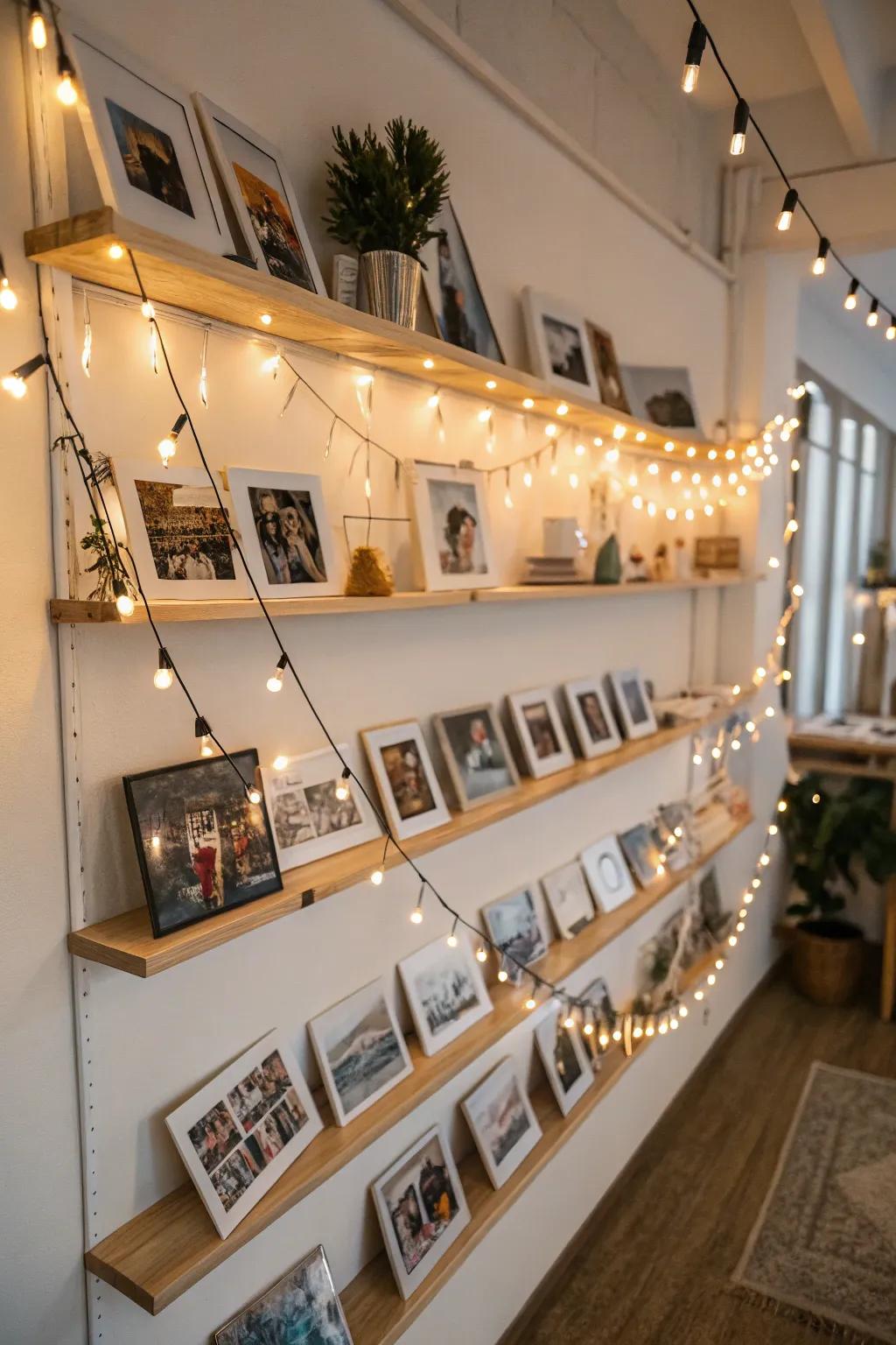 Shelving with lights adds depth and functionality.