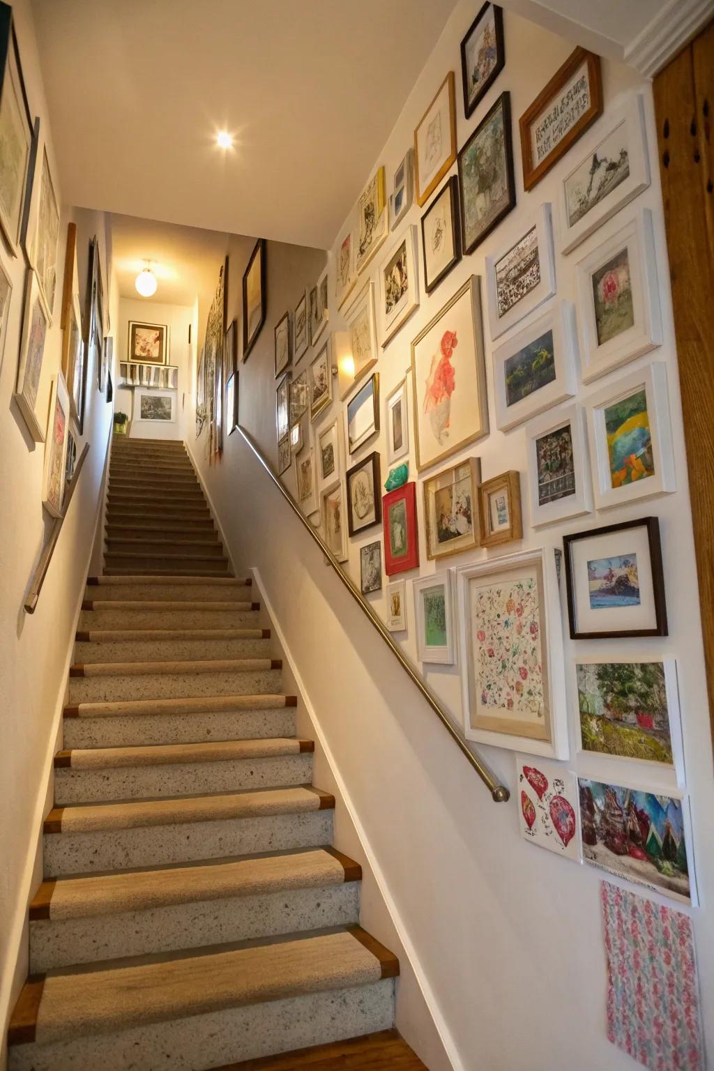 Picture wall creatively set along a stairway.