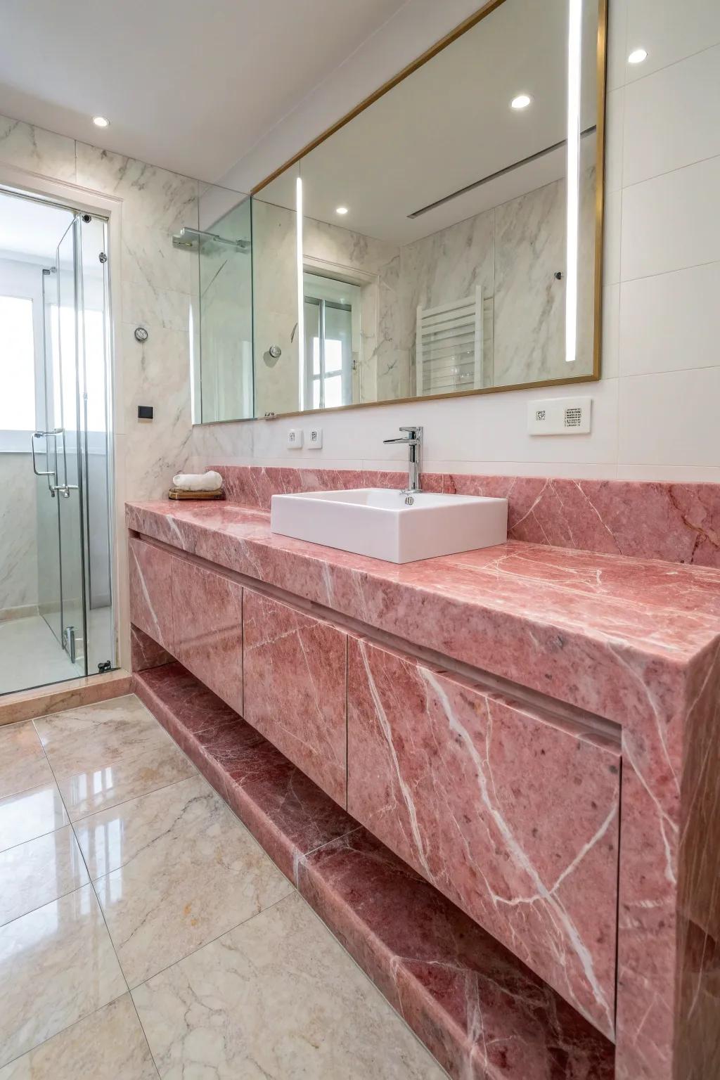 Pink veined marble adds luxury and elegance.