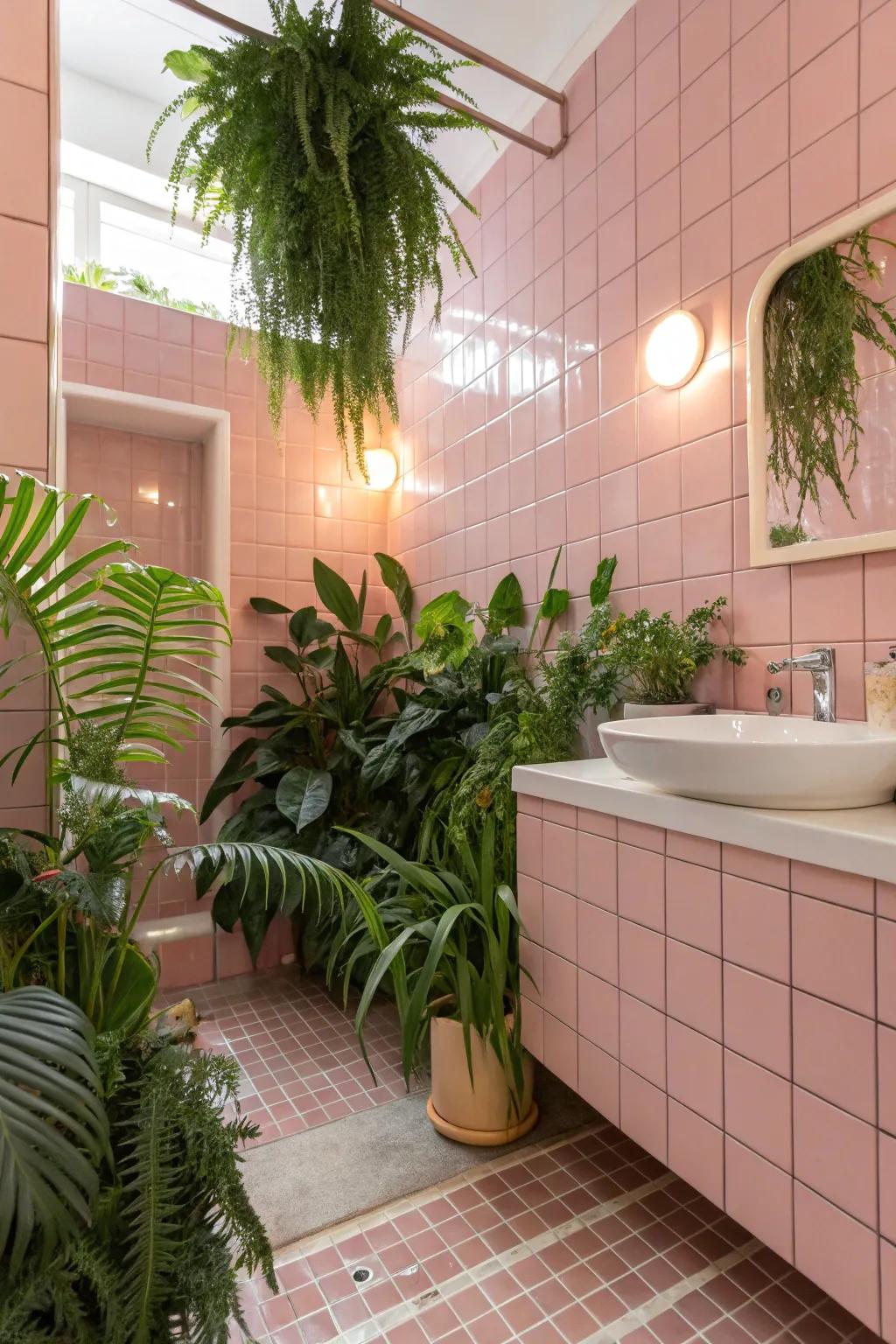 A refreshing bathroom with pink tiles and vibrant botanical accents.