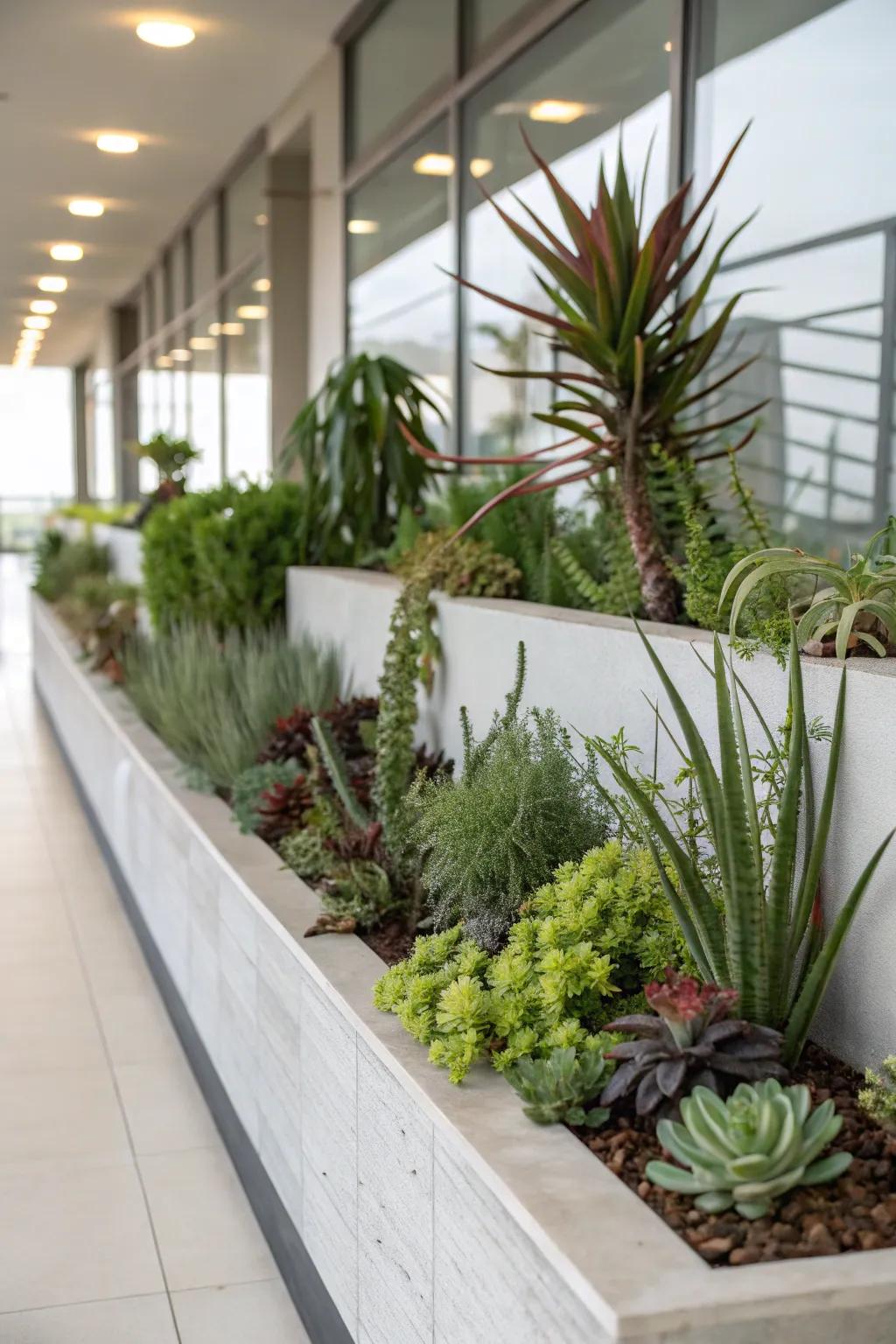 Different plant heights add depth and interest to this plant ledge.