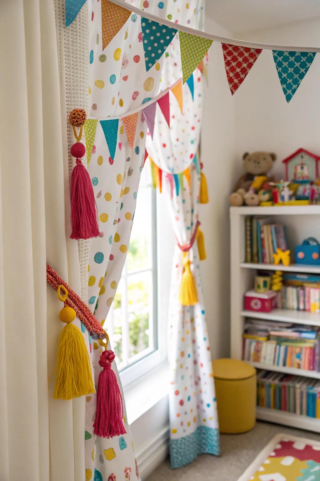 Decorative accents like bunting add charm to playroom curtains.