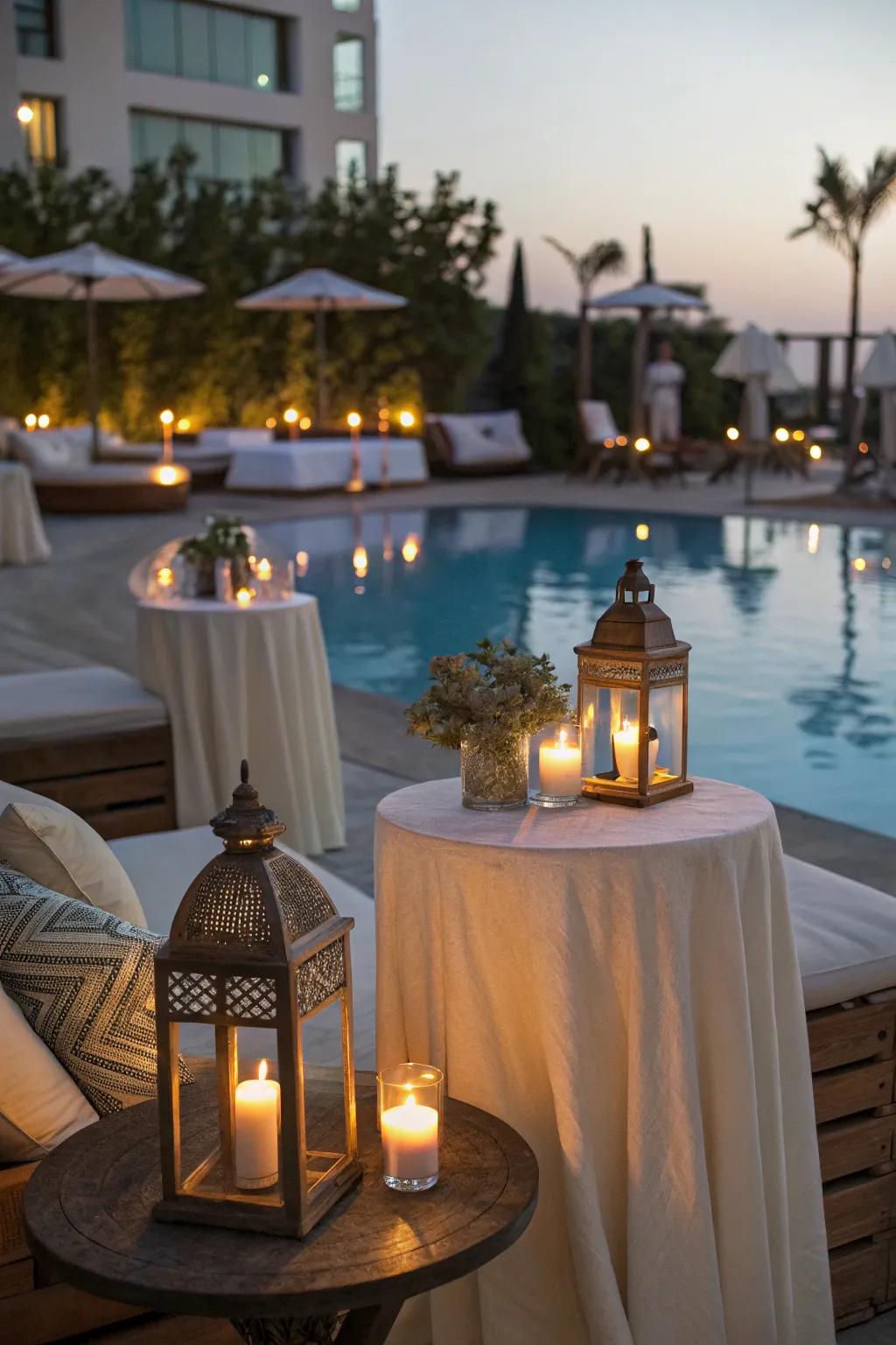 Poolside accessories like tables and lanterns for ambiance.