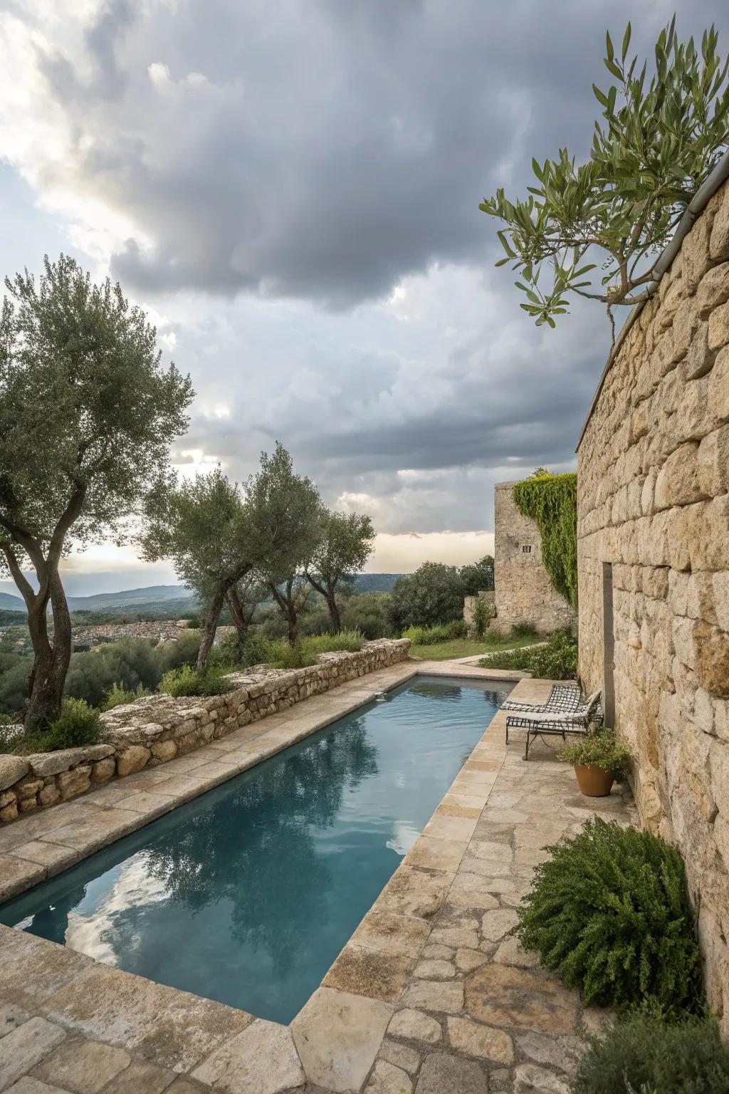 Natural stone adds warmth and a rustic charm to pool surroundings.