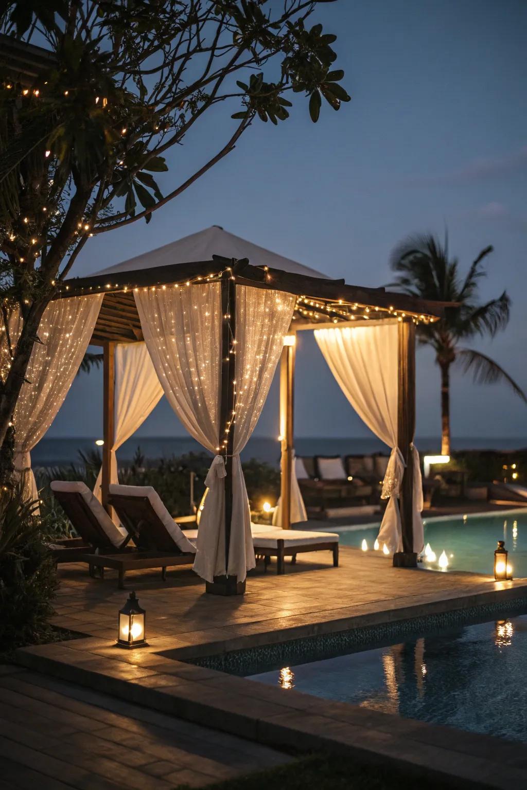 A poolside lounge with twinkling lights creates a magical evening retreat.