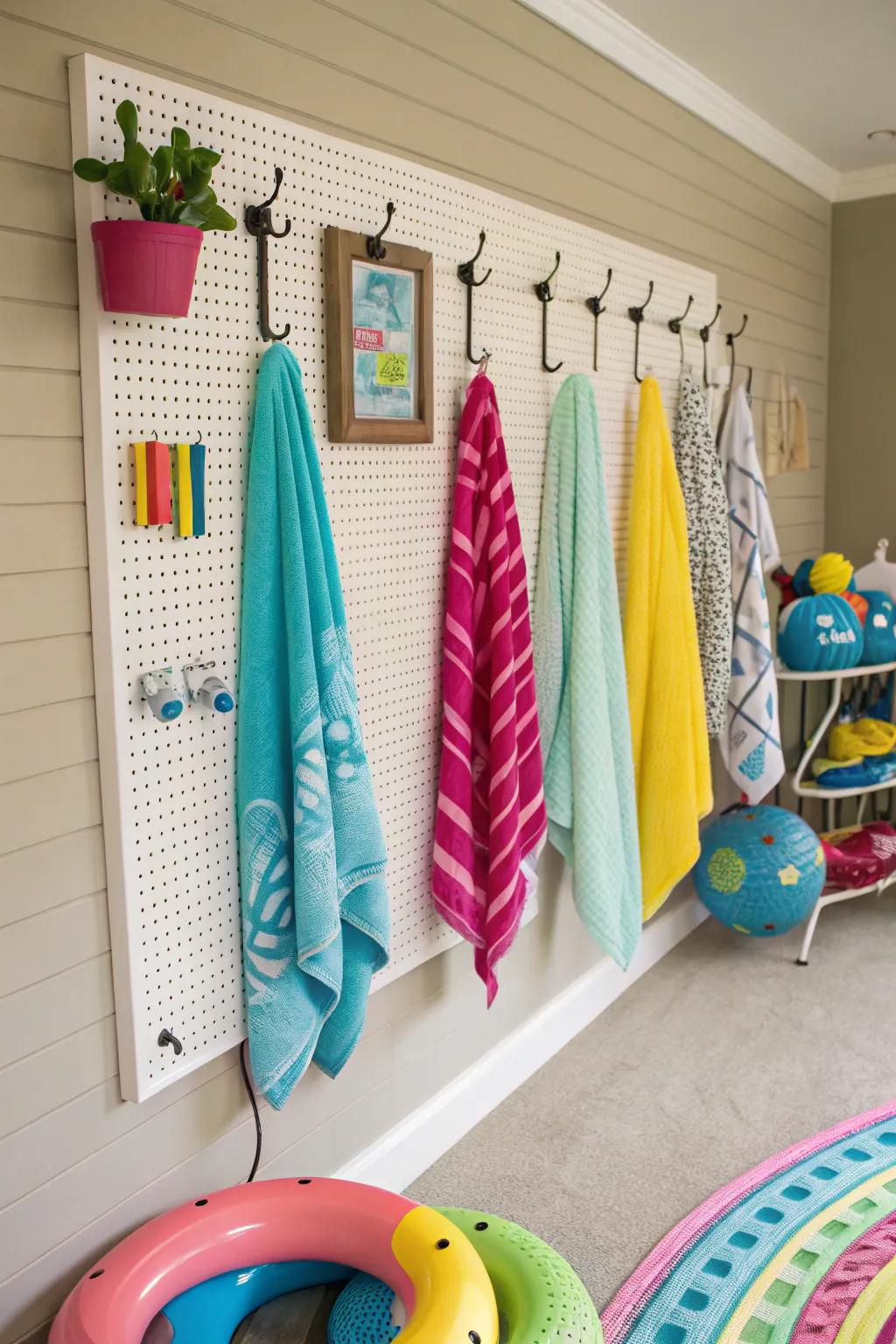 Hooks and pegboards provide a practical storage solution for towels and goggles.