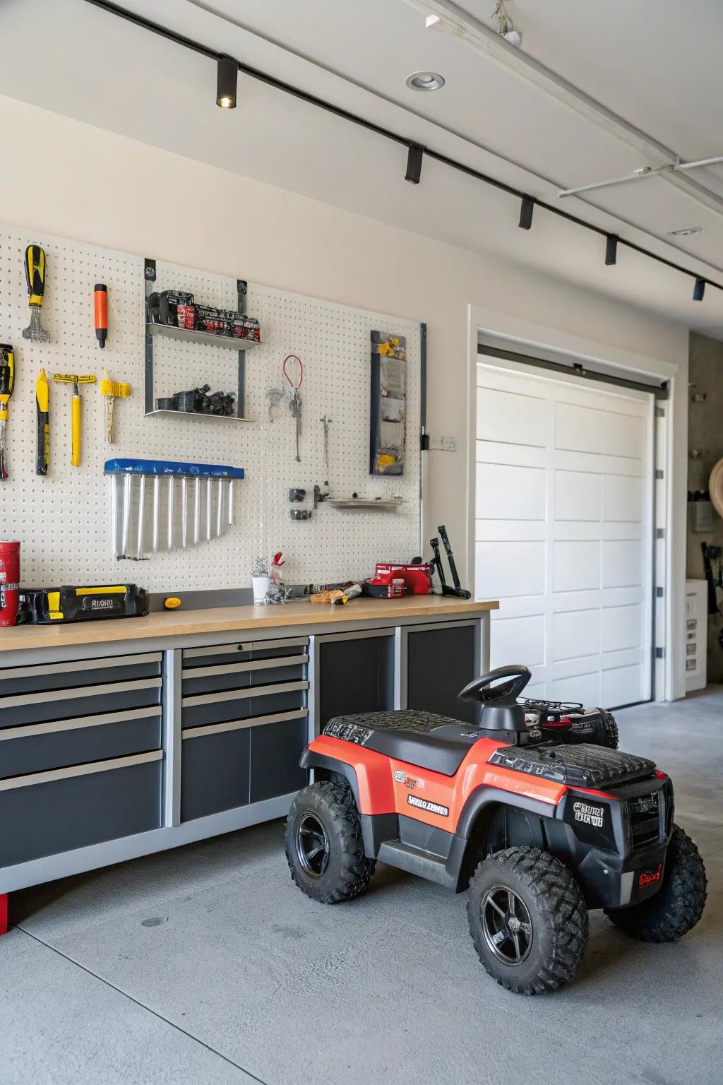 Power wheels stored under a workbench for efficient use of space.