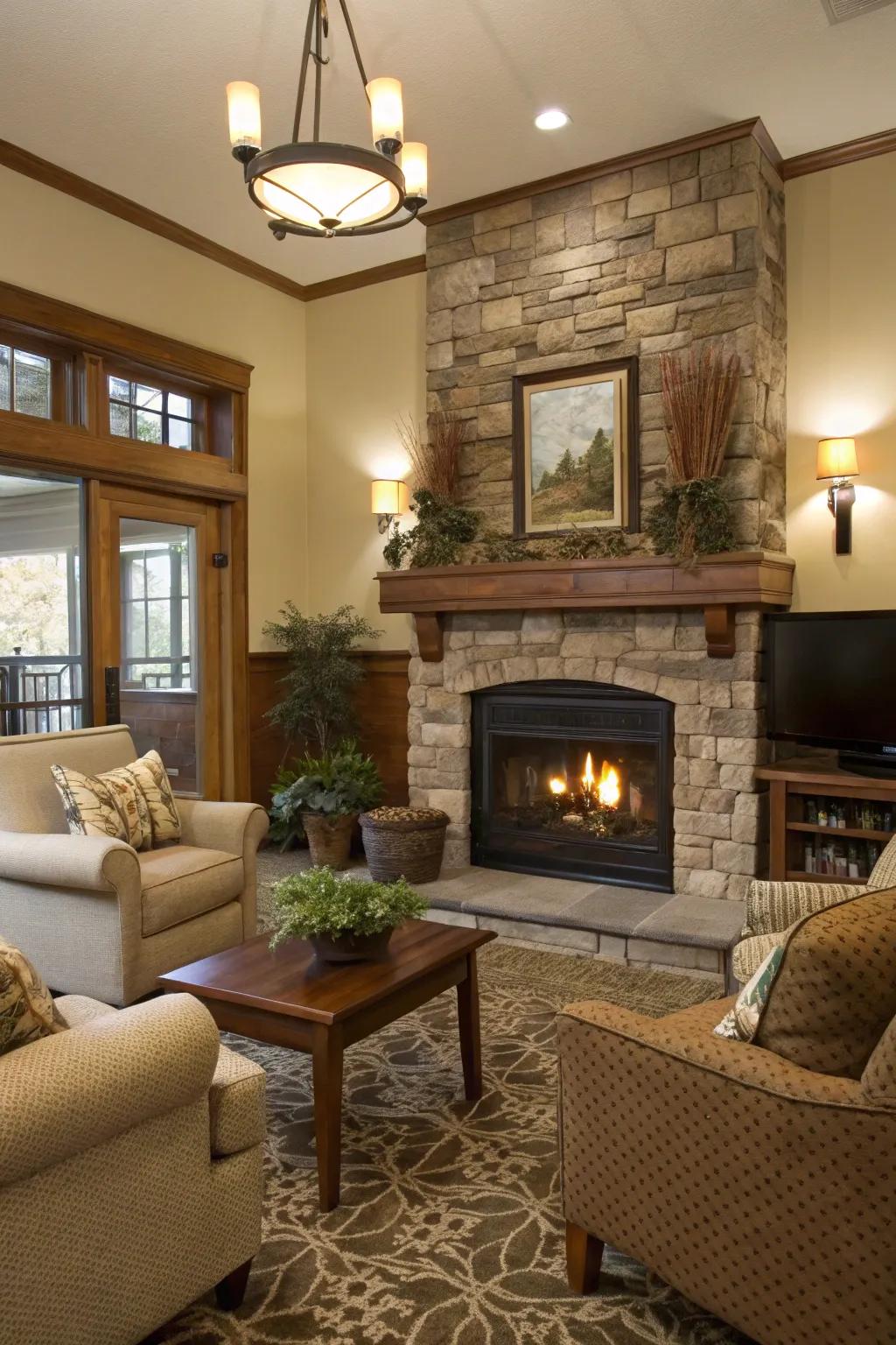 An inviting living room with a cozy gathering space around a propane fireplace.